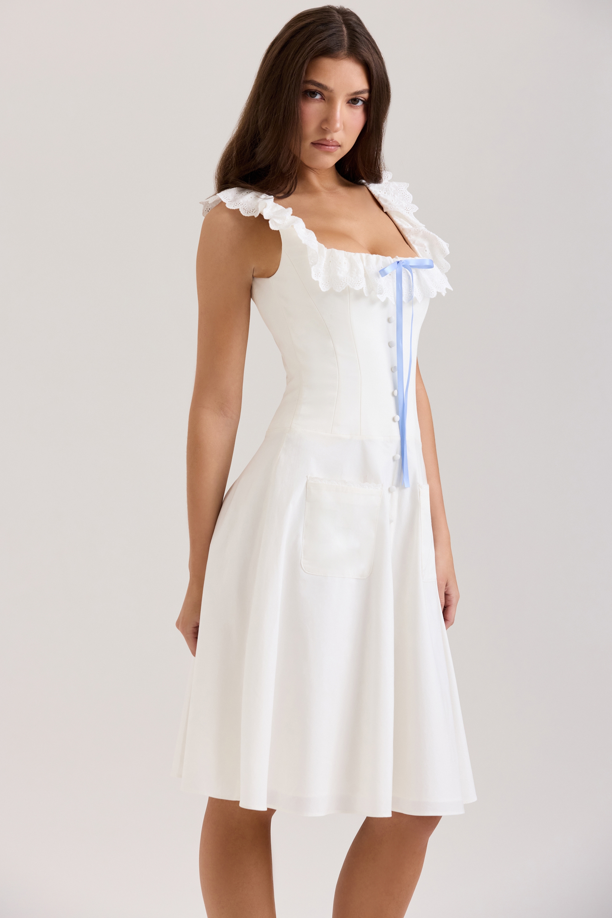 Mathilde-White Cotton Broderie Anglaise Trim Midi Dress