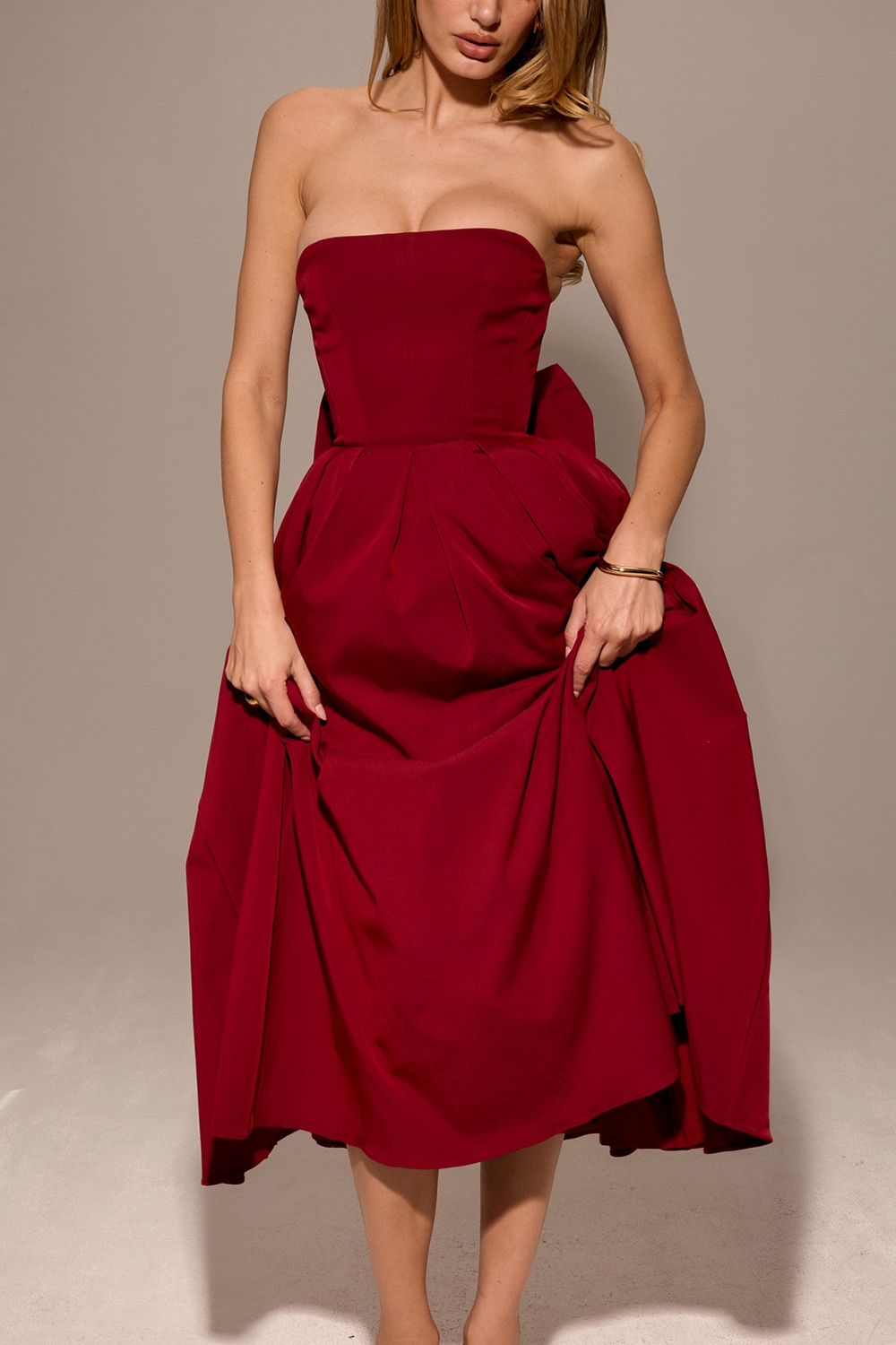 Pandora-Berry Strapless Detachable Bow Midi Dress