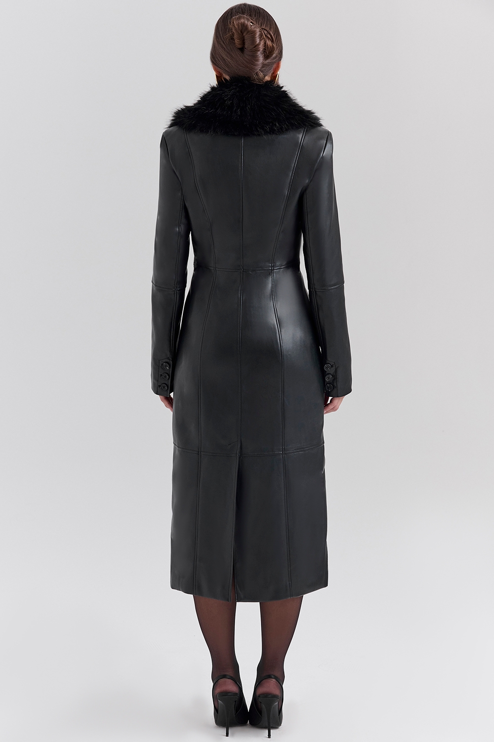 Marcel-Black Faux Fur Trimmed Vegan Leather Coat