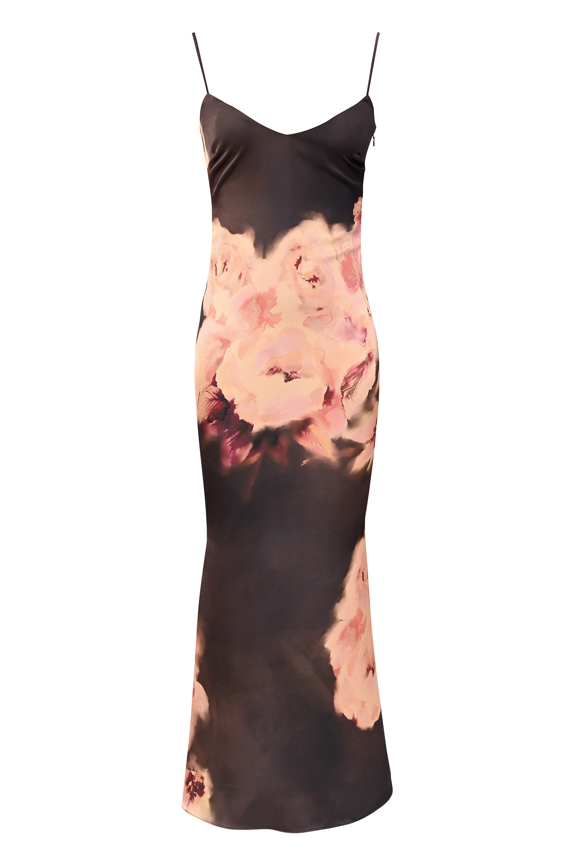 Mariamma-Dark Brown Floral Printed Satin Maxi Dress