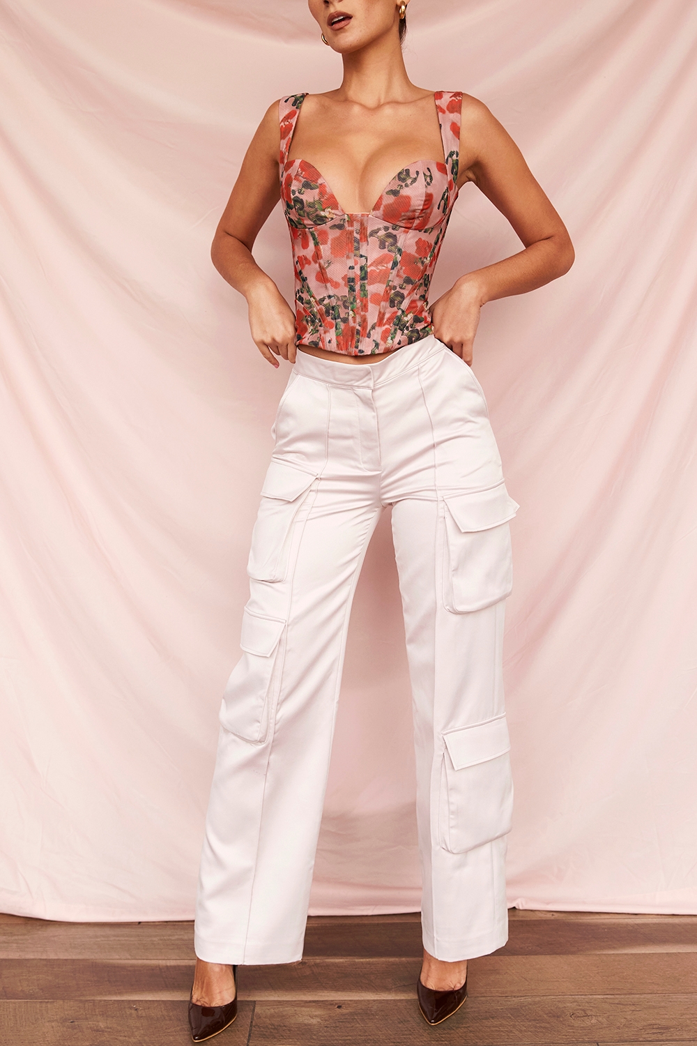 Daria-Crystal Satin Straight Leg Cargo Trousers