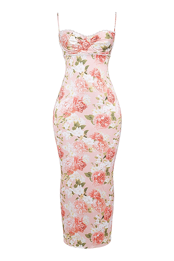 Josefina-Pink Peony Print Satin Maxi Dress