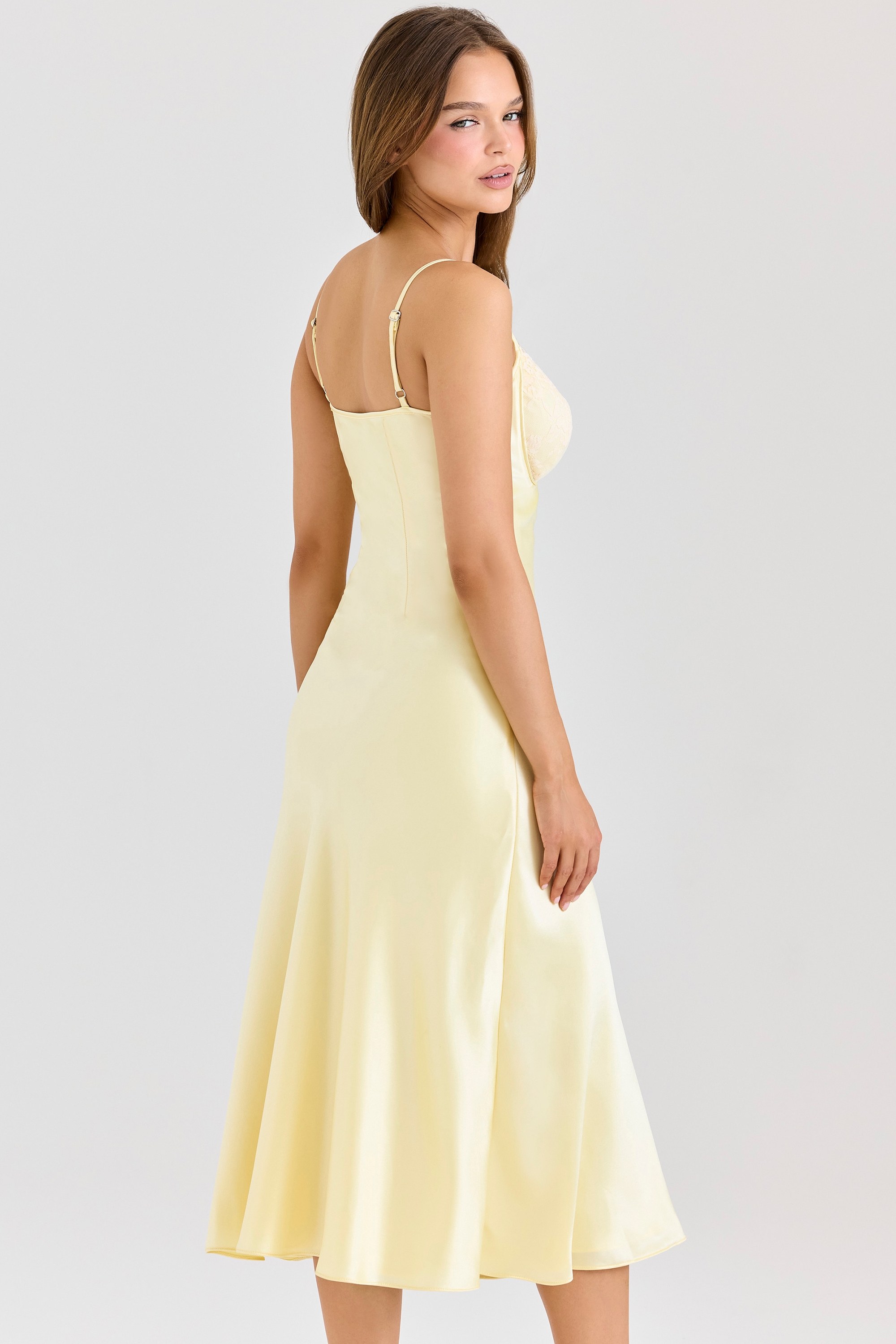 Felicity-Butter Yellow Satin Bias Cut Midi Dress