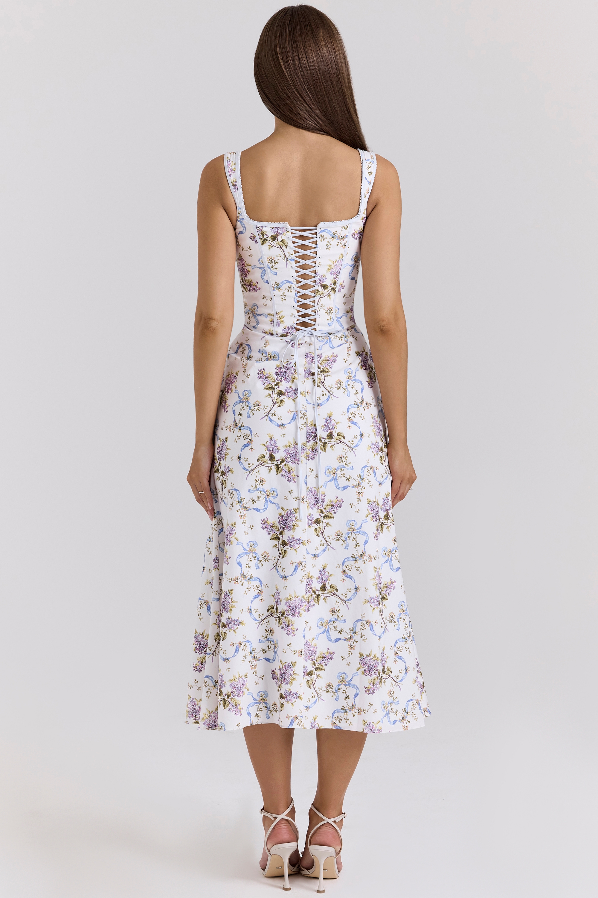 Dionne-Off White Floral Print Cotton Midi Dress