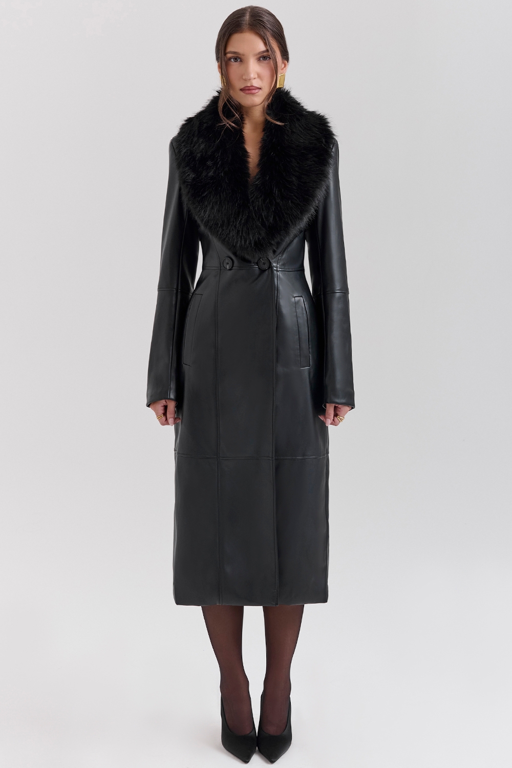 Marcel-Black Faux Fur Trimmed Vegan Leather Coat