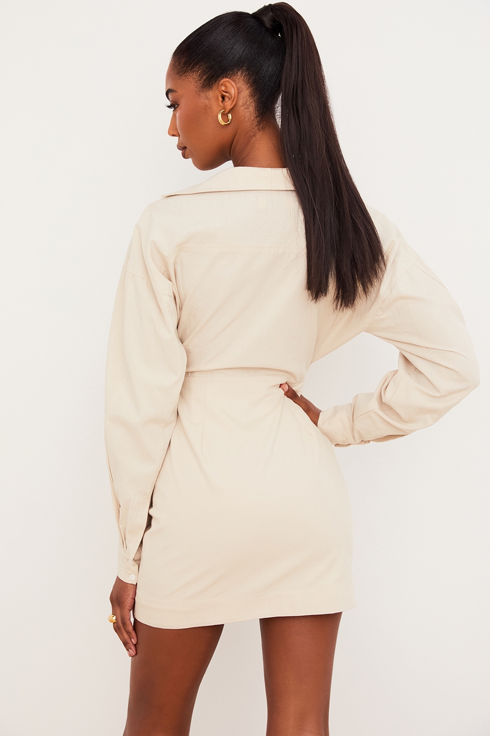 Julietta-Beige Linen Cutout Shirt Dress