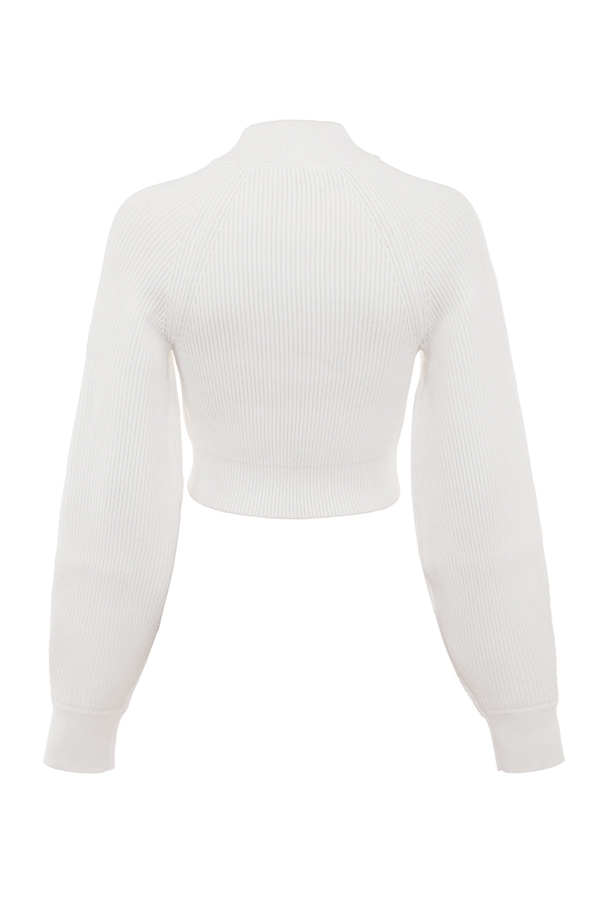 Reeva-White Balloon Sleeve Ribbed Sweater - SALE