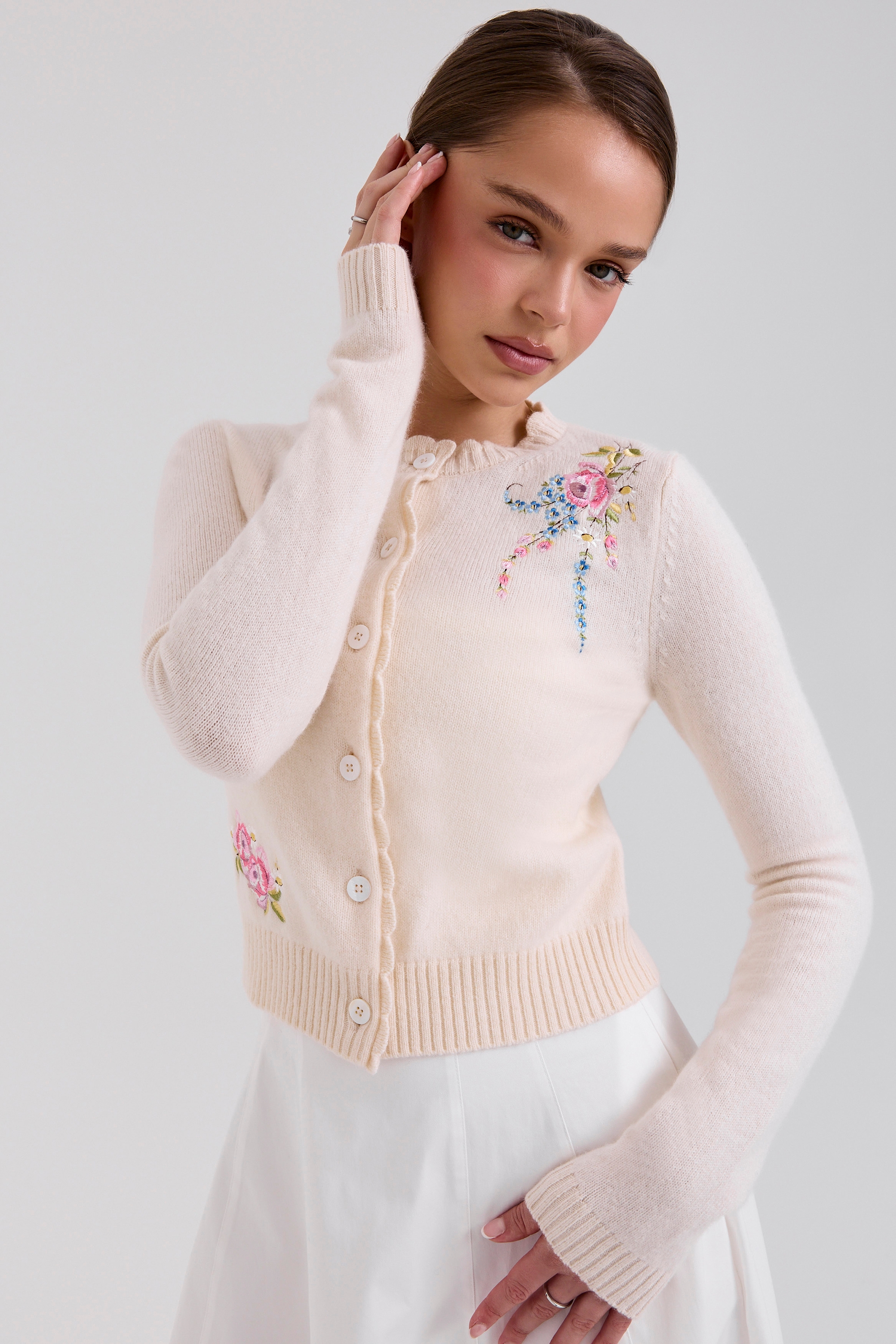 Anjou-Cream Lambswool Floral Embroidered Cardigan