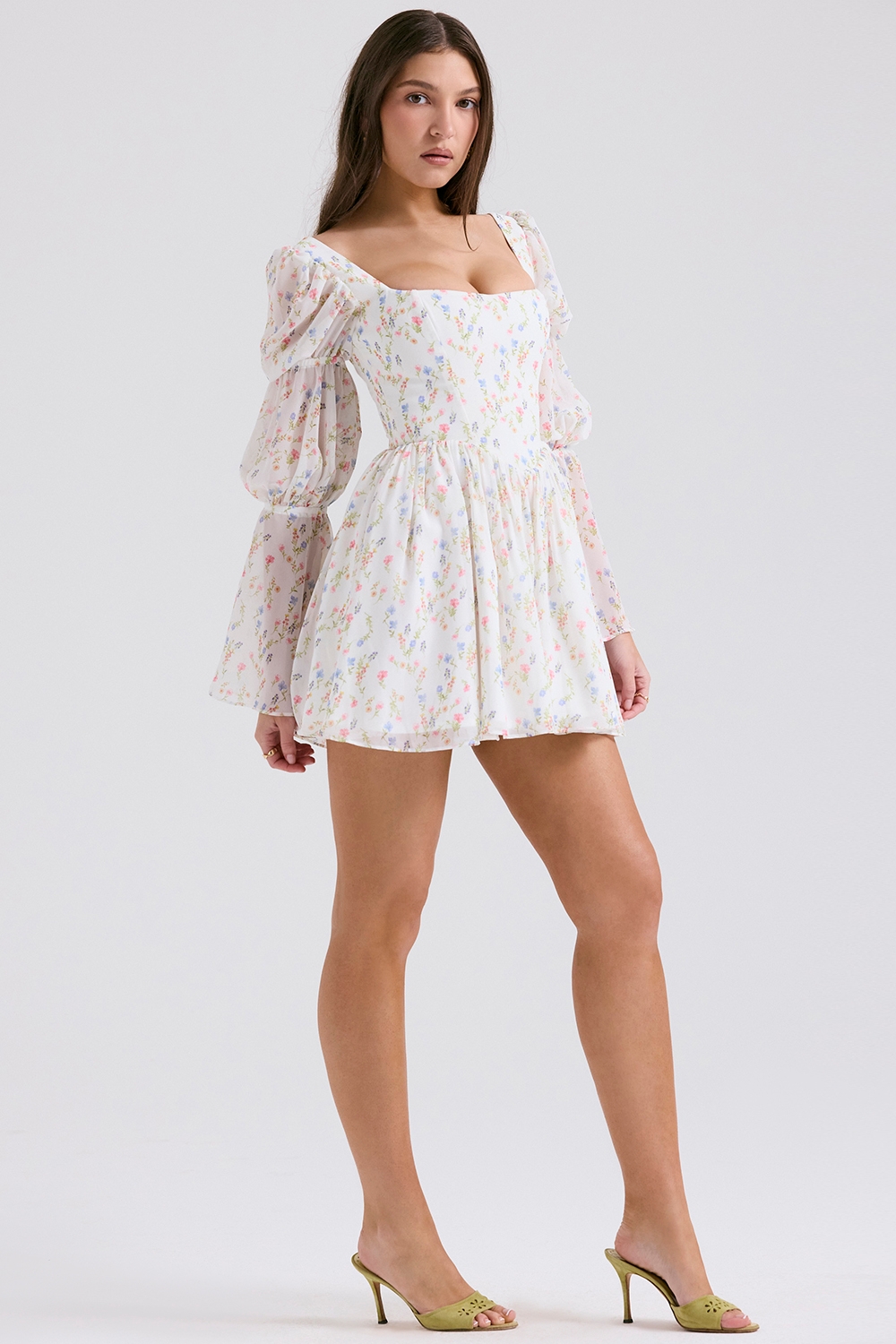 Sancia-White Posy Print Puff Sleeve Mini Dress