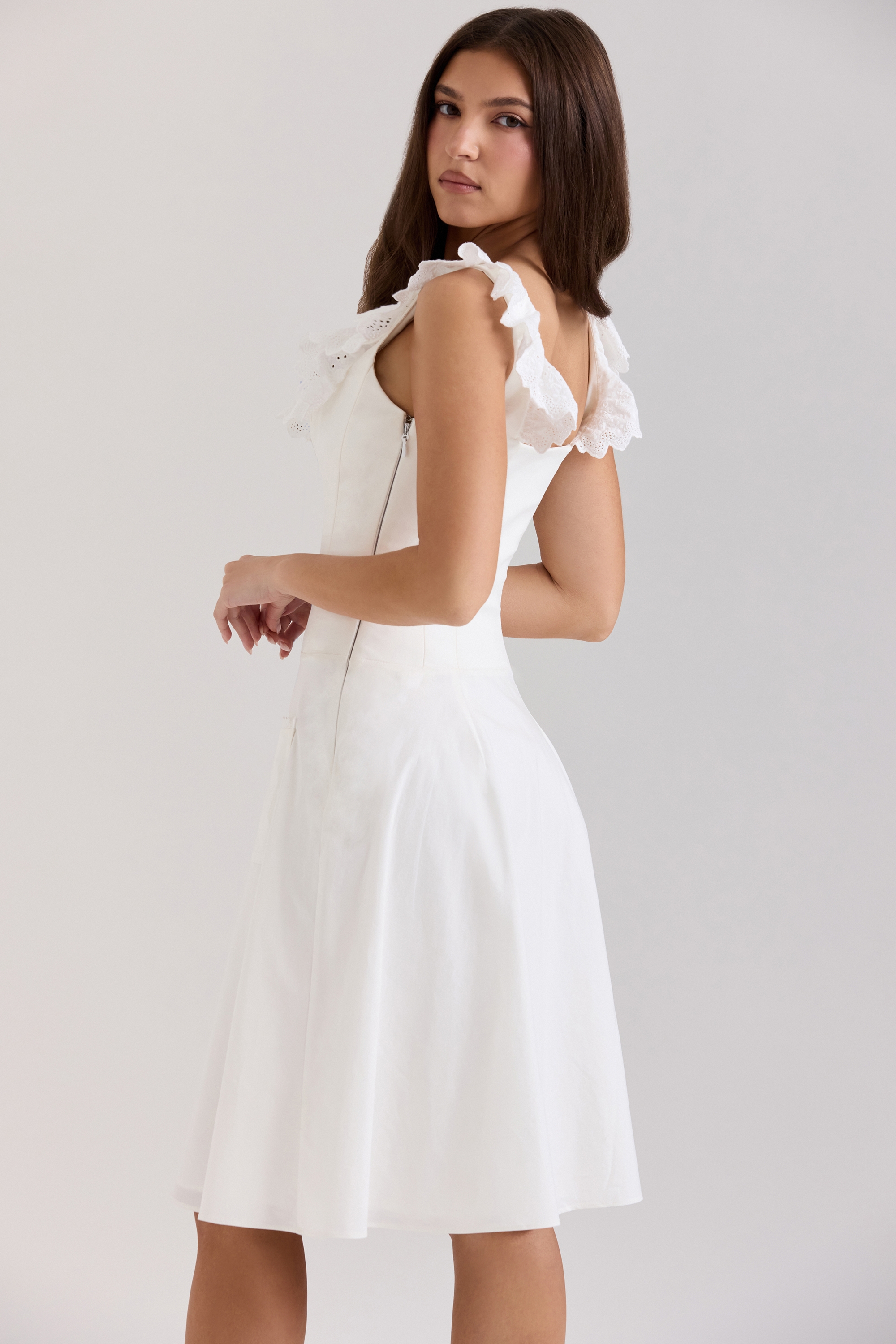 Mathilde-White Cotton Broderie Anglaise Trim Midi Dress