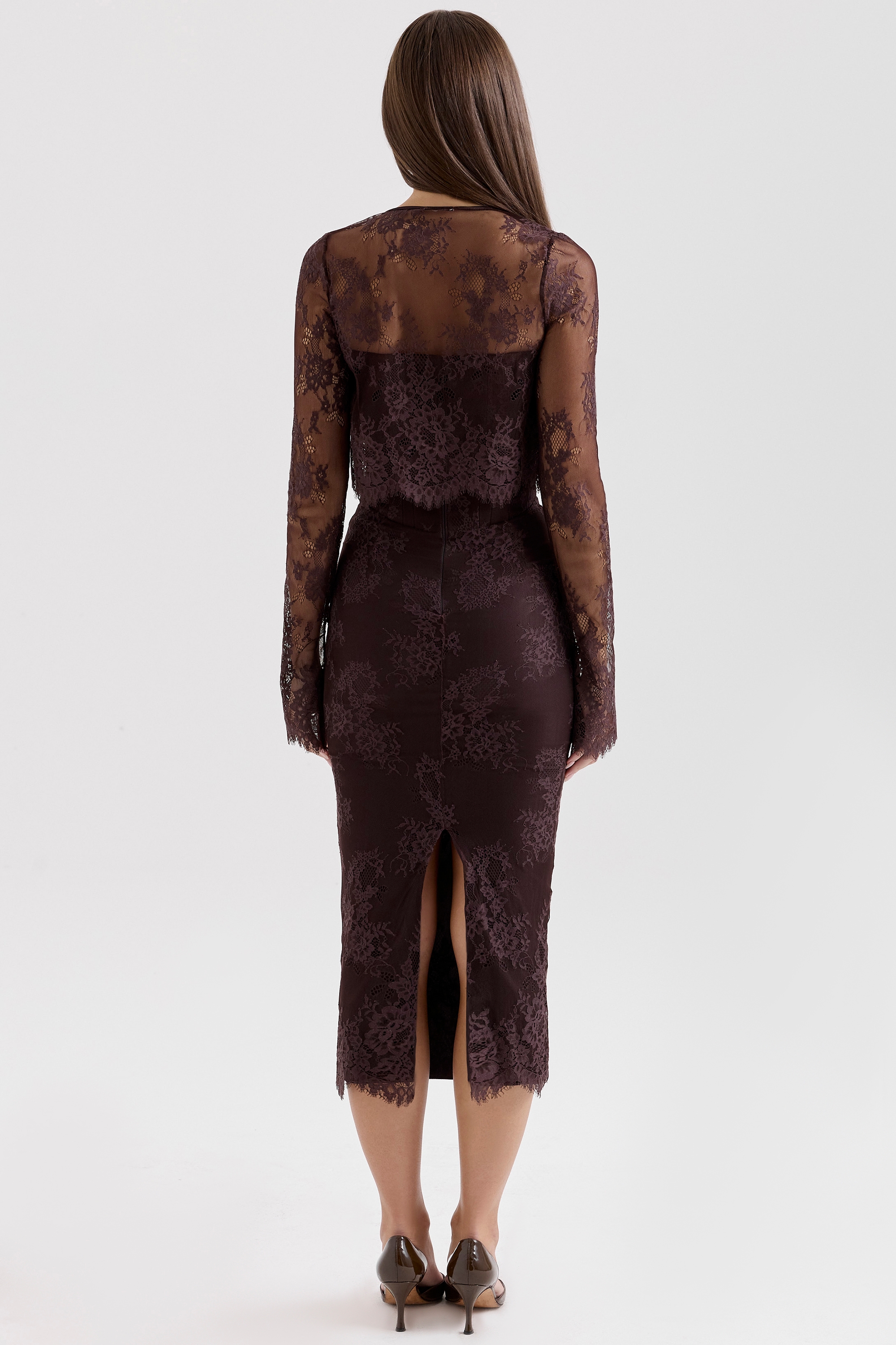 Larra-Bitter Chocolate Lace Corset Midi Dress & Bolero