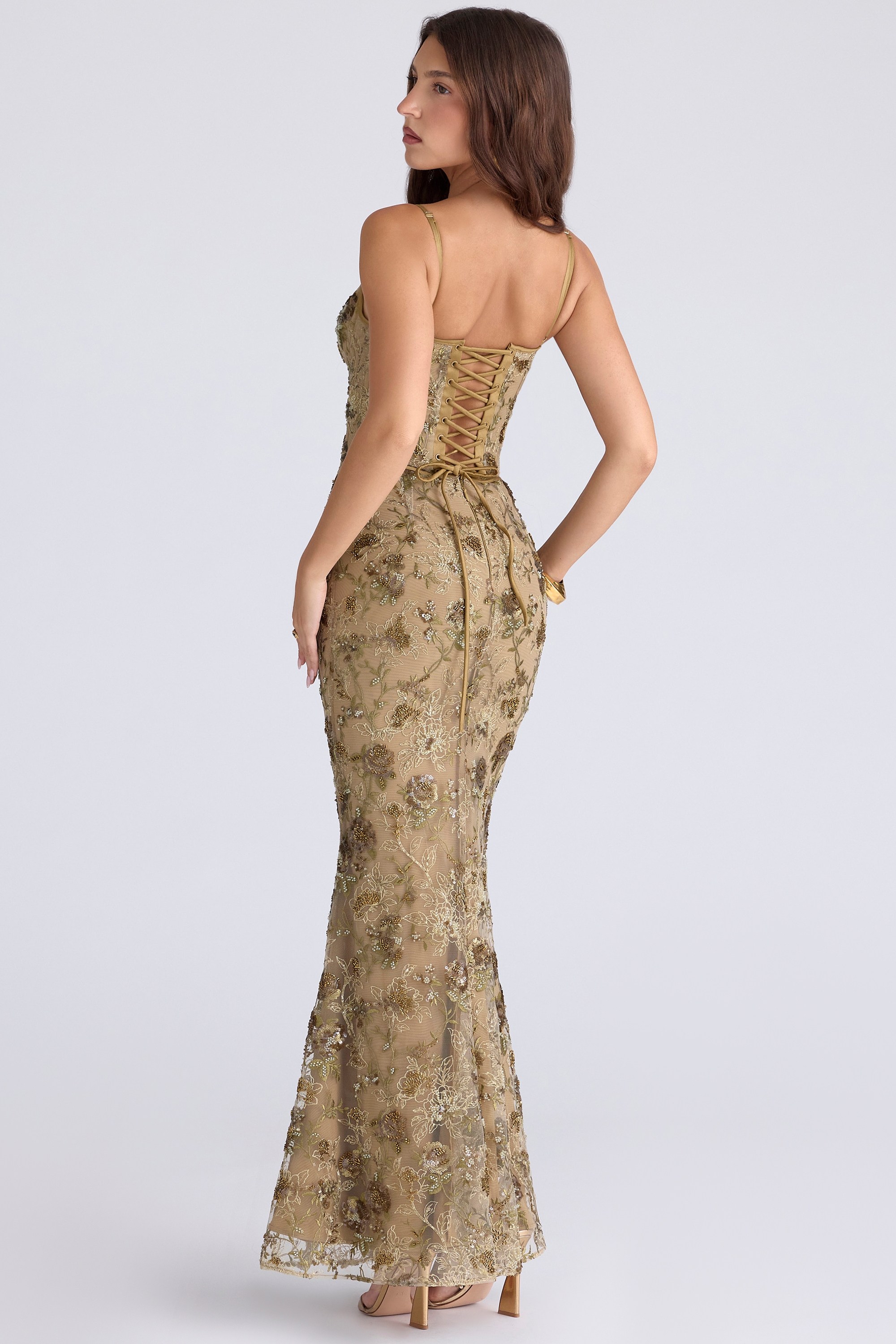 Naima-Olive Bronze Hand Beaded Embellished Corset Maxi Dress - Limited Edition