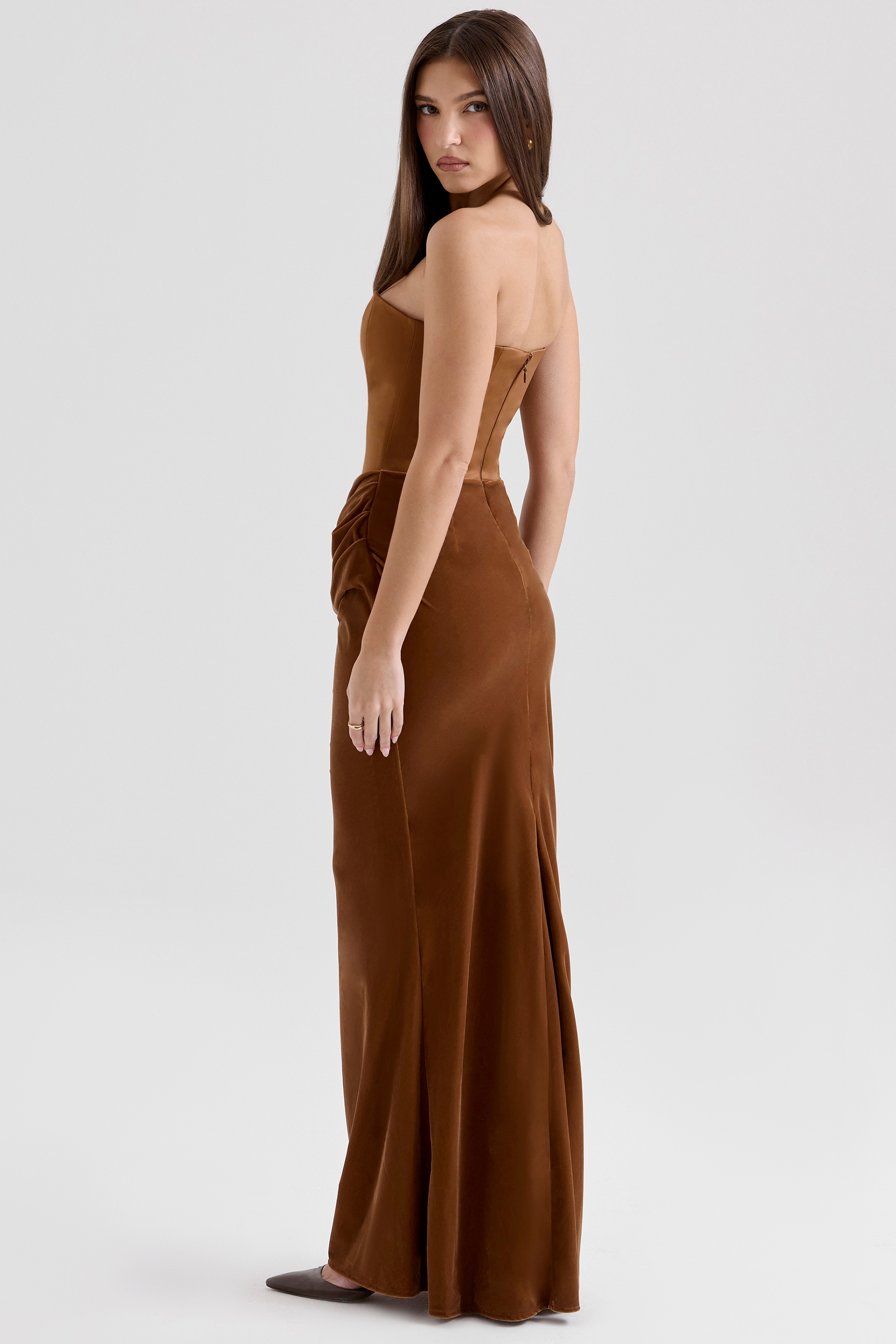Persephone-Toffee Velvet Strapless Corset Maxi Dress
