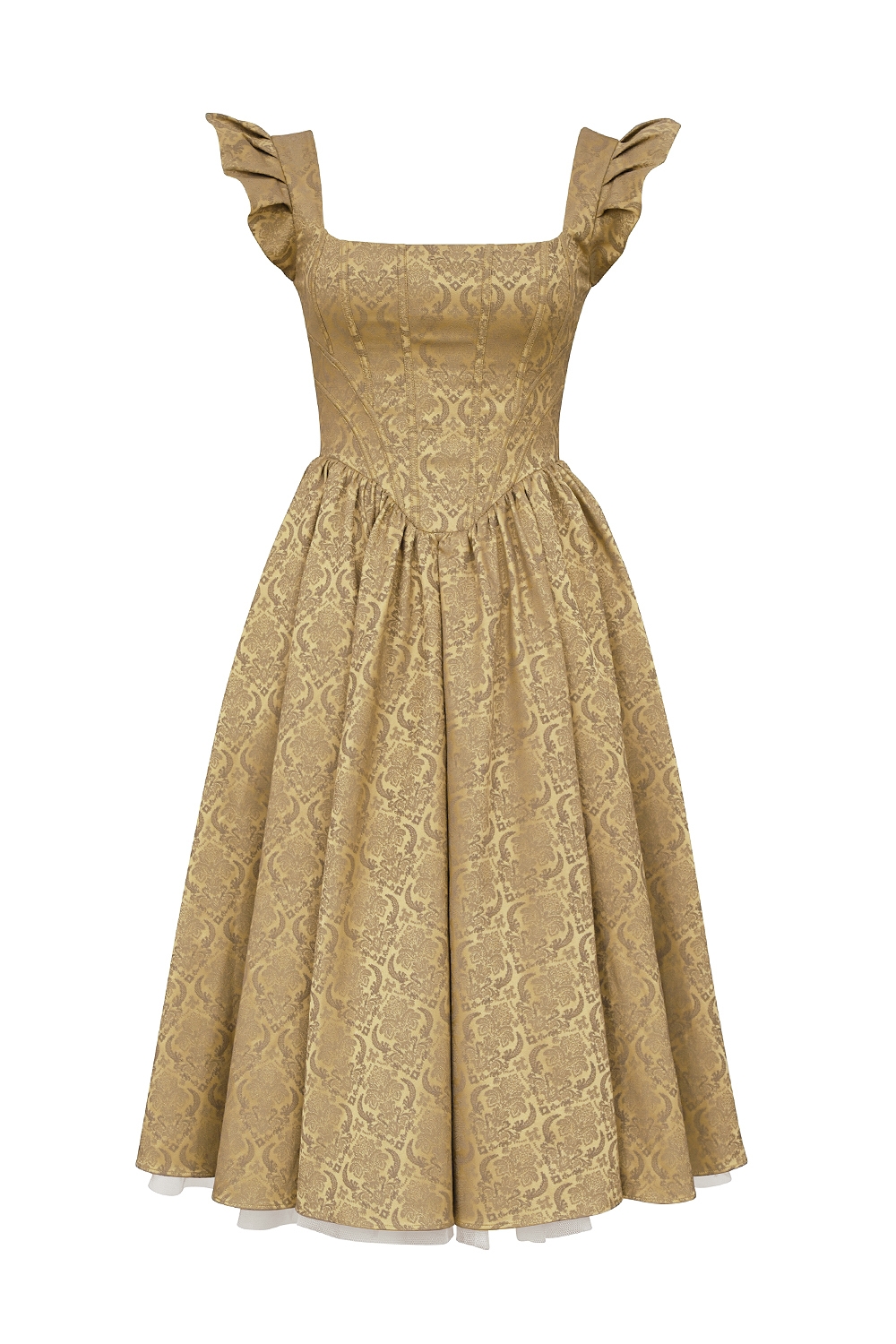 Alessandra-Gold Jacquard Midi Dress with Detachable Bow - SALE