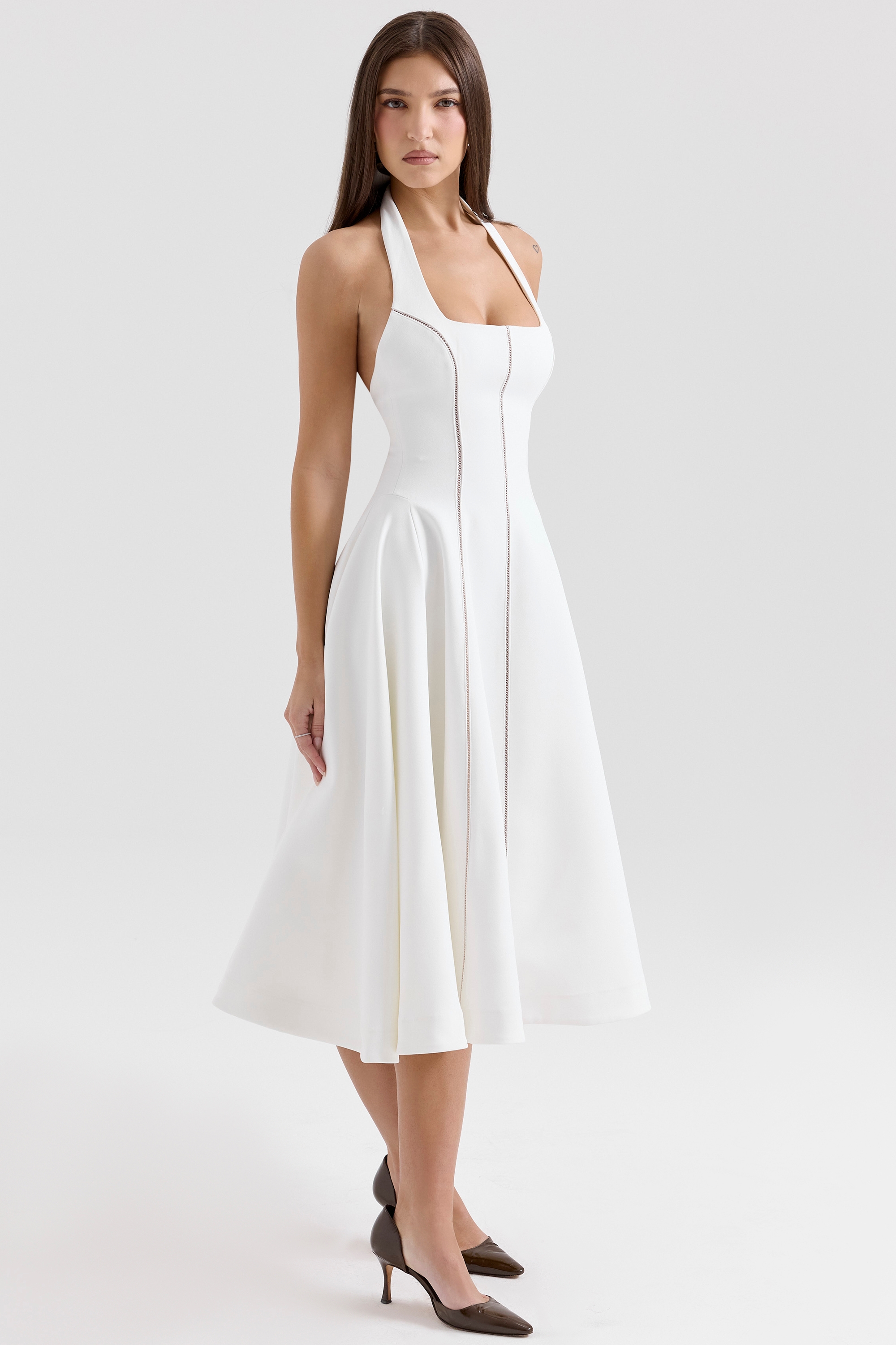 Loulou-Ivory Halter Neck Midi Dress