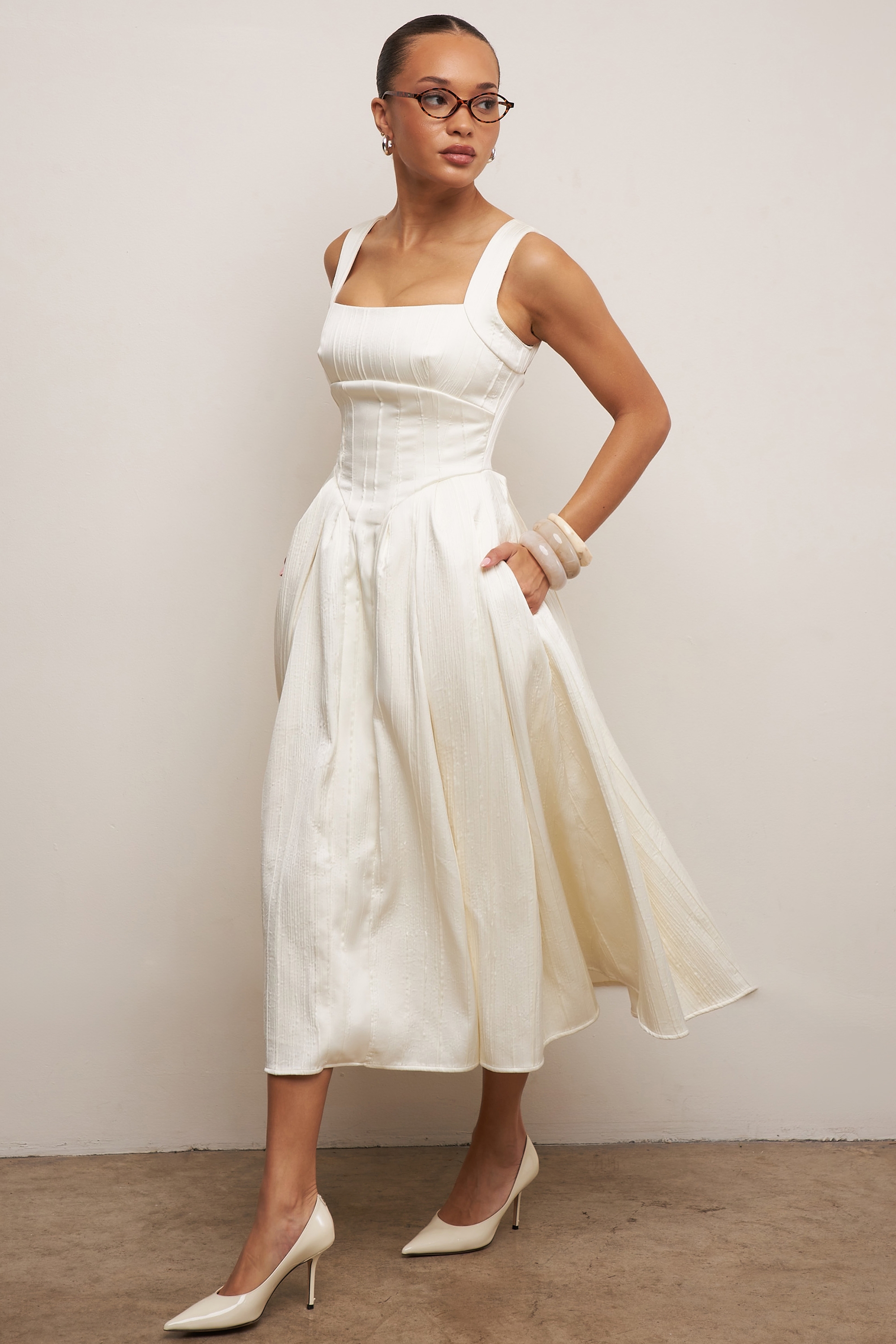 Isabeau-Ivory Textured Satin Corset Midi Dress
