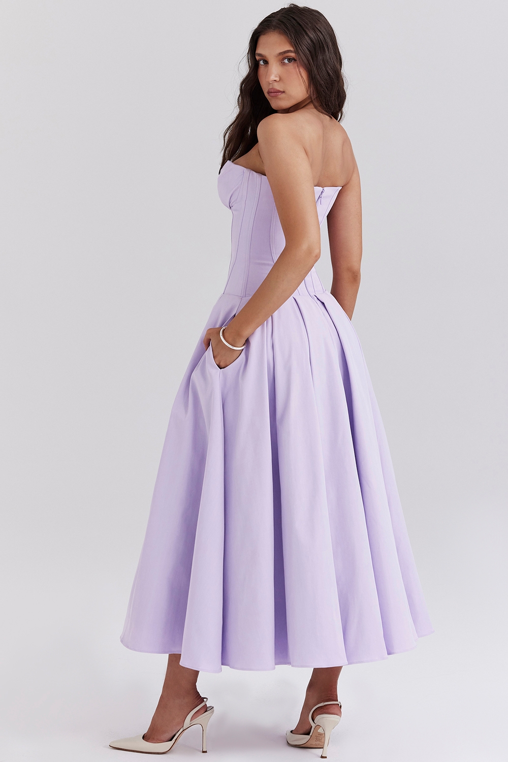 Lady-Orchid Twill Strapless Tulle Midi Dress