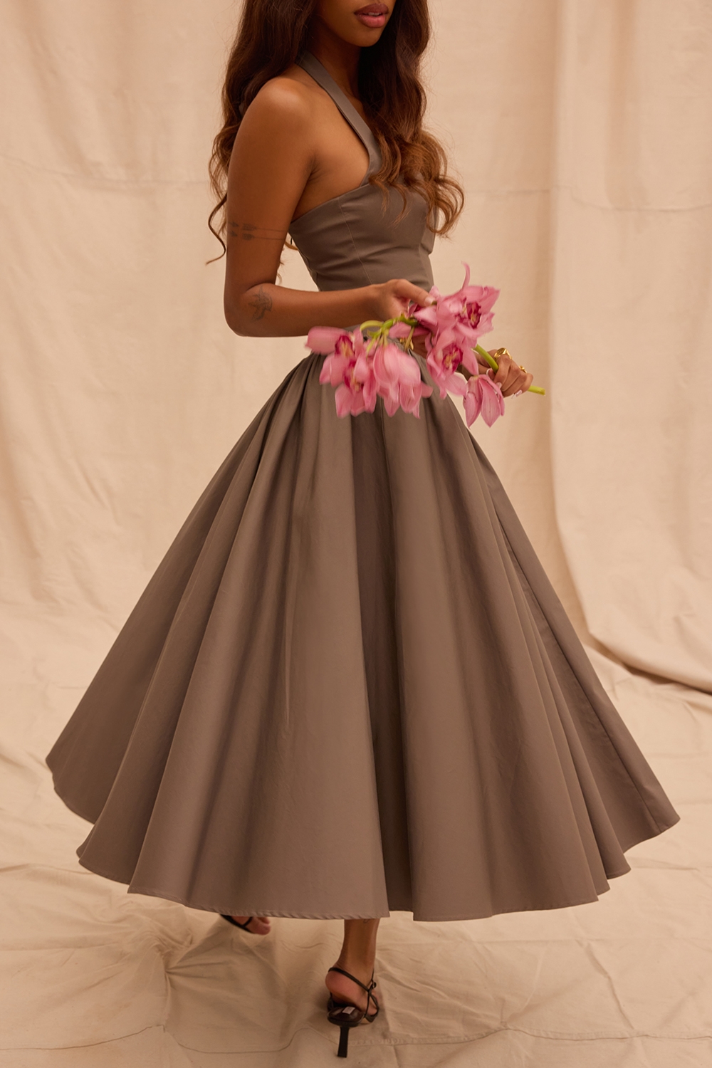 Coquette-Smoke Halter Midi Dress