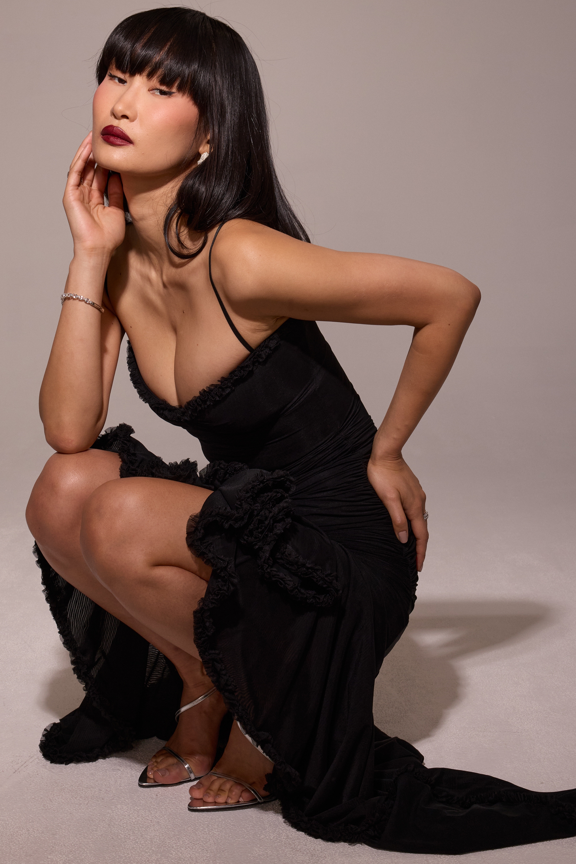 Gabbi-Black Mesh Ruffled Front Gown