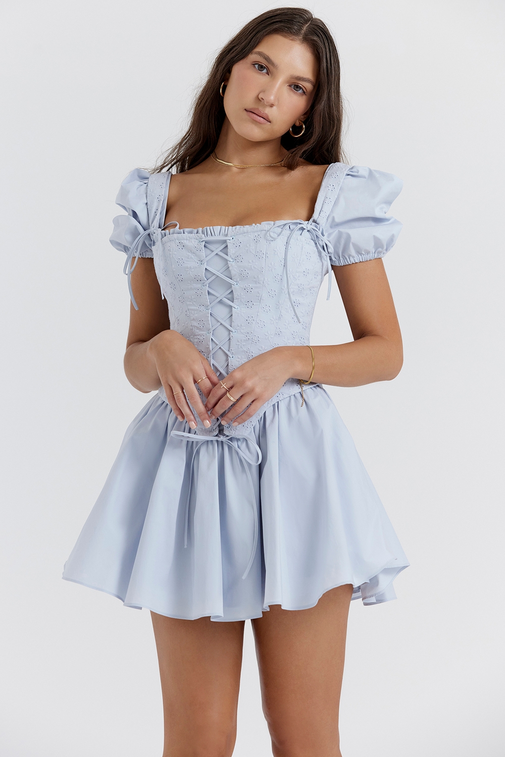 Maribel-Soft Blue Broderie Corset Mini Dress
