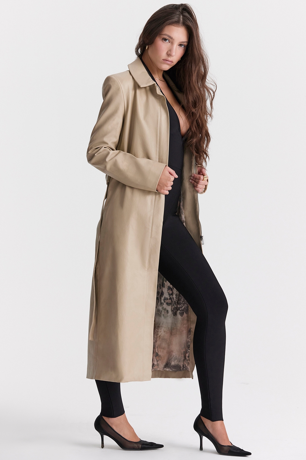 Ariel-Beige Vegan Leather Trench Coat