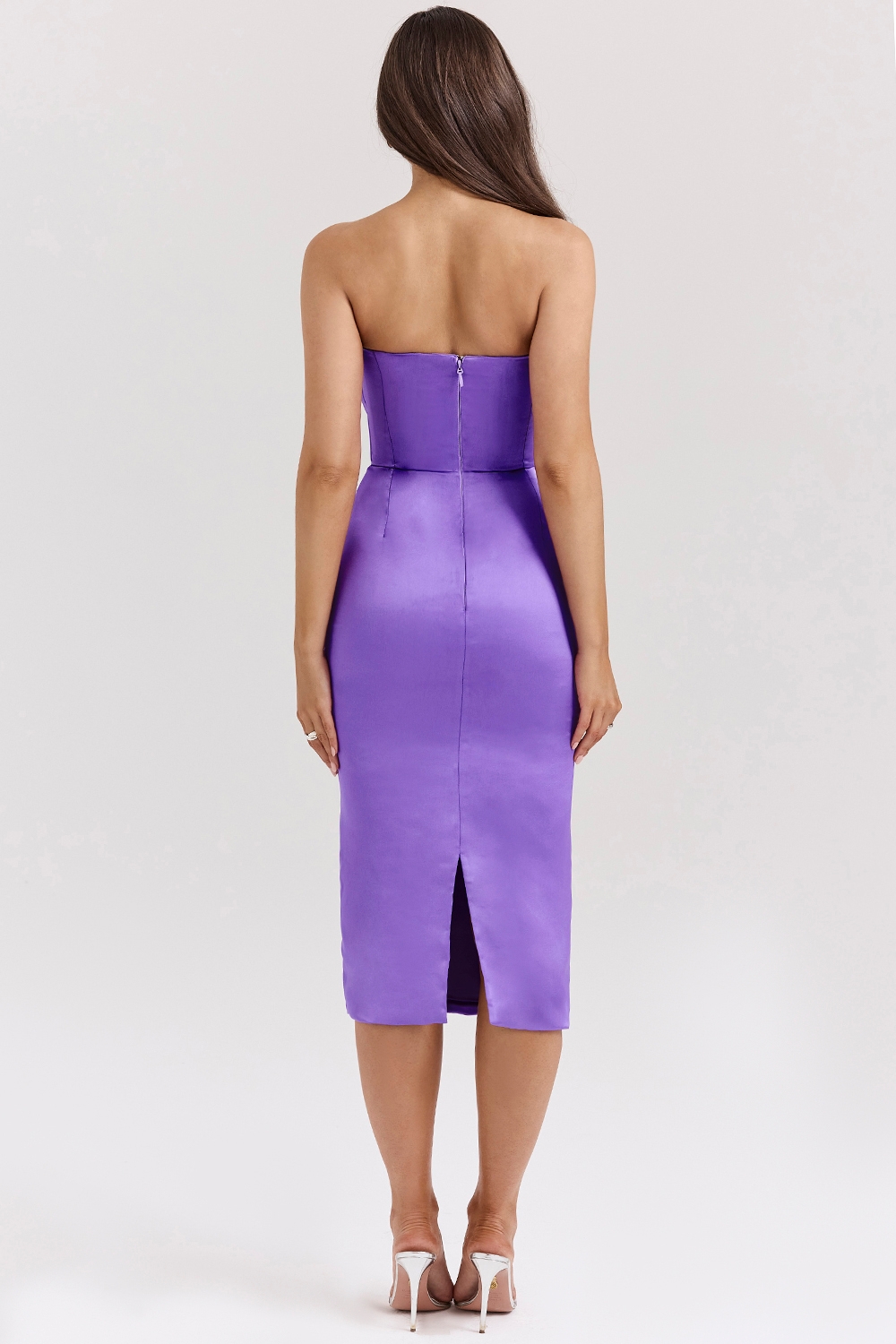 Santana-Violet Satin Strapless Corset Midi Dress