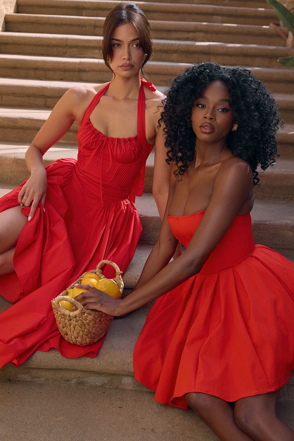 Emmanuela-Italian Tomato Strapless Pleated Mini Dress