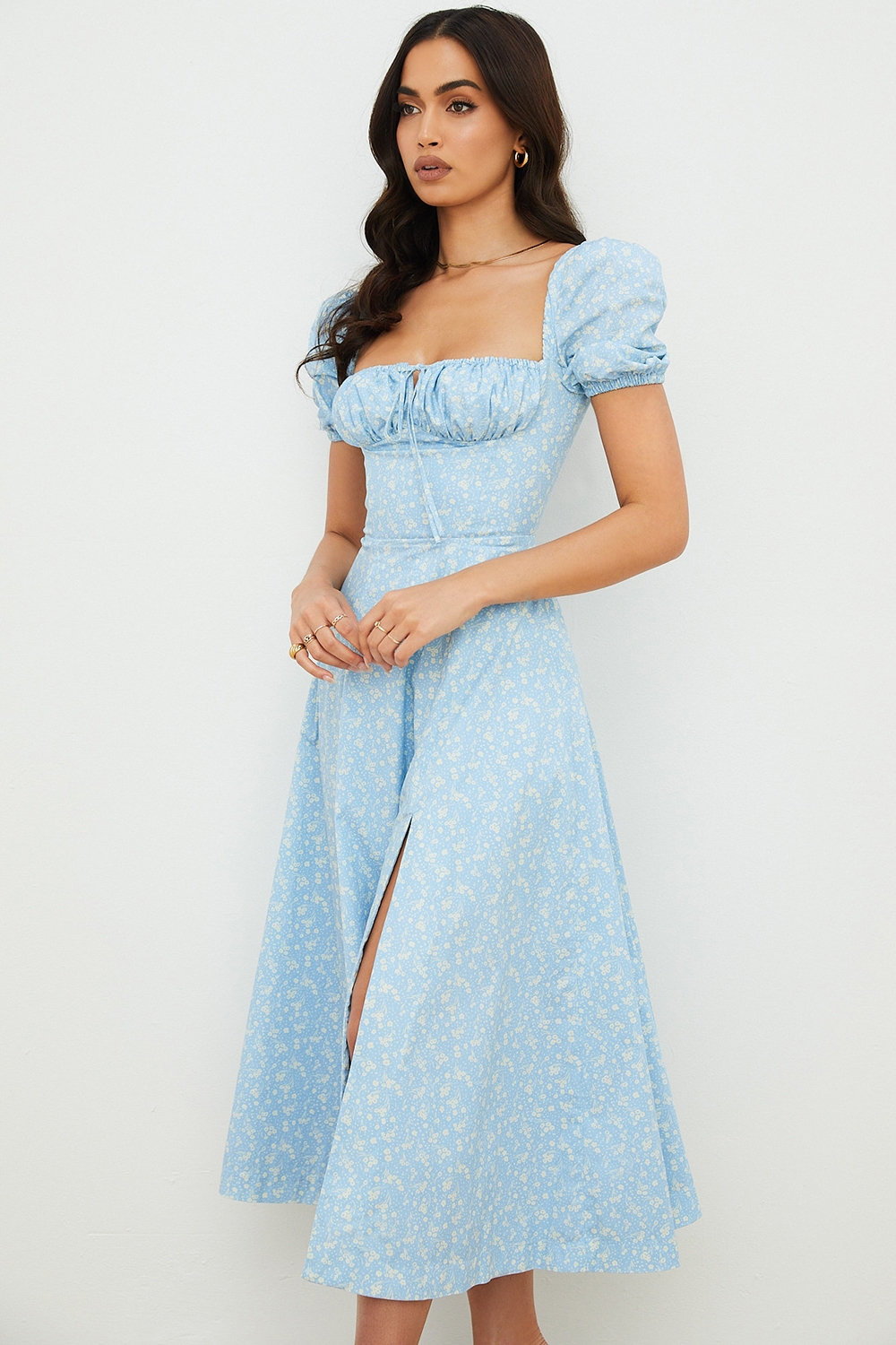 Tallulah-Blue Ivory Floral Puff Sleeve Midi Dress