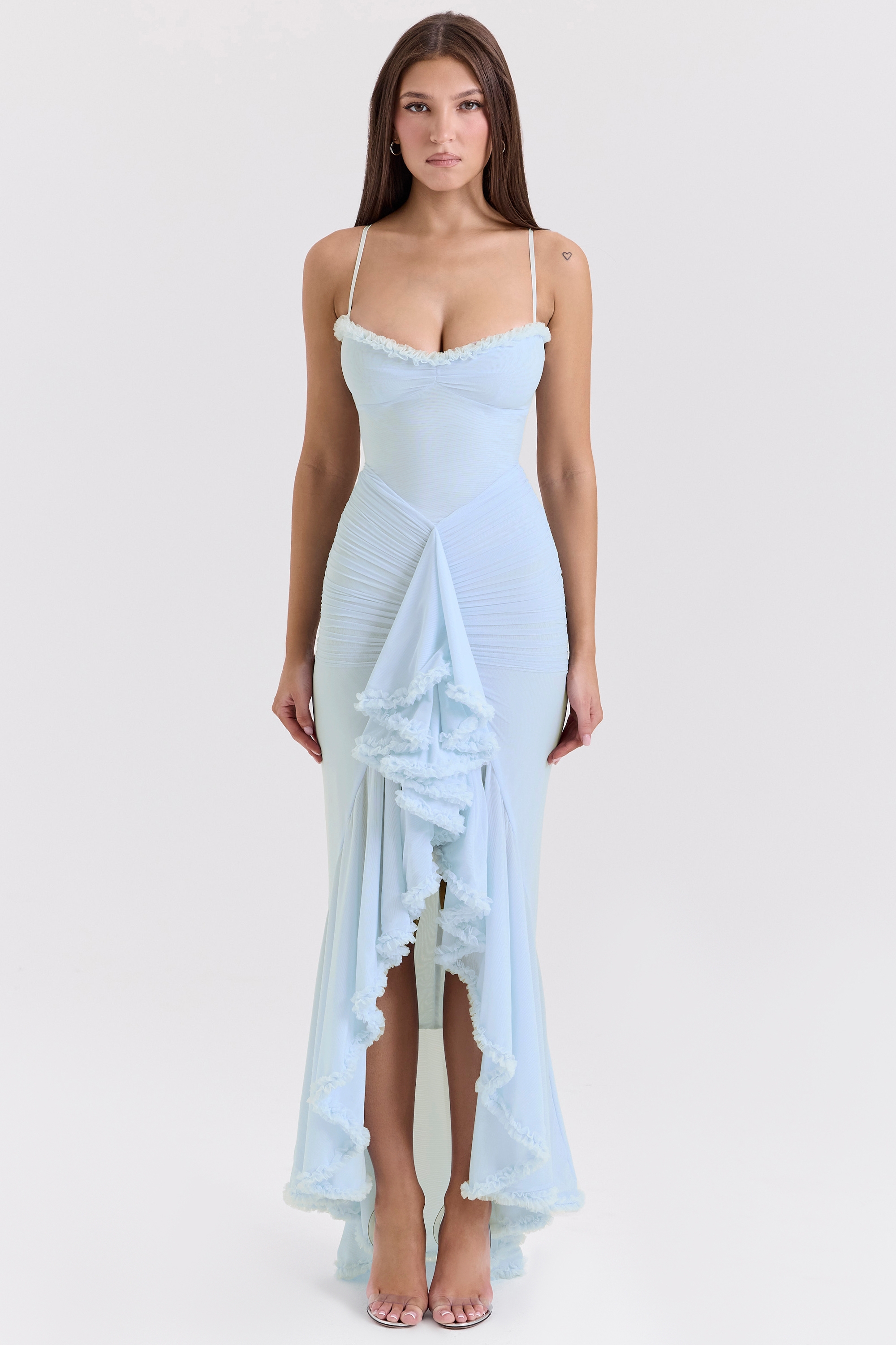 Gabbi-Ice Blue Mesh Ruffled Front Gown