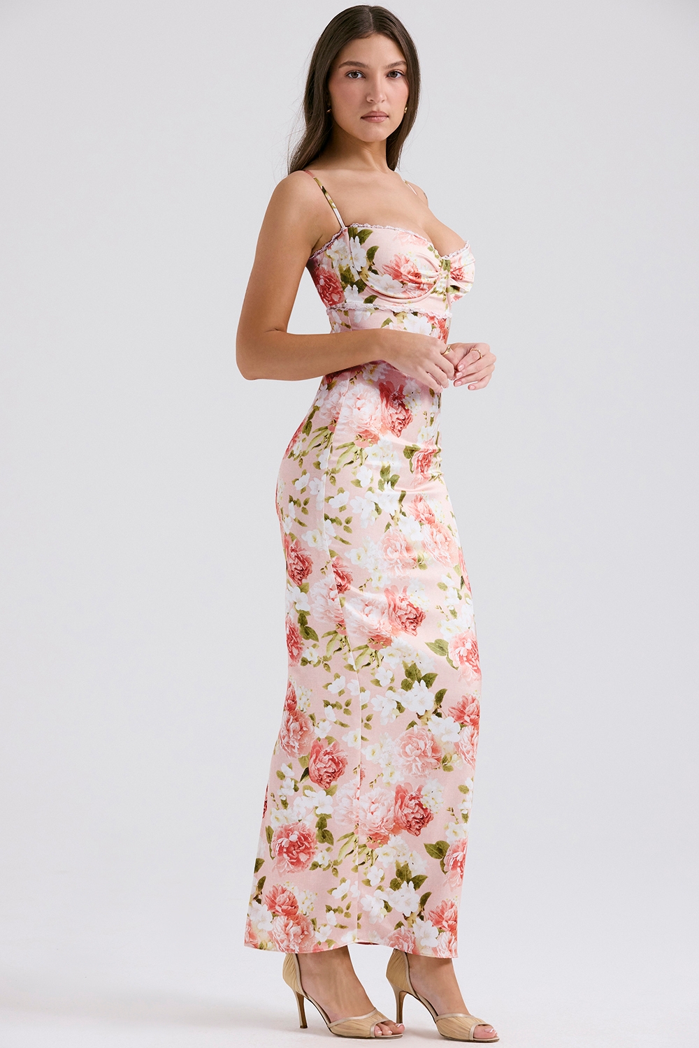 Josefina-Pink Peony Print Satin Maxi Dress