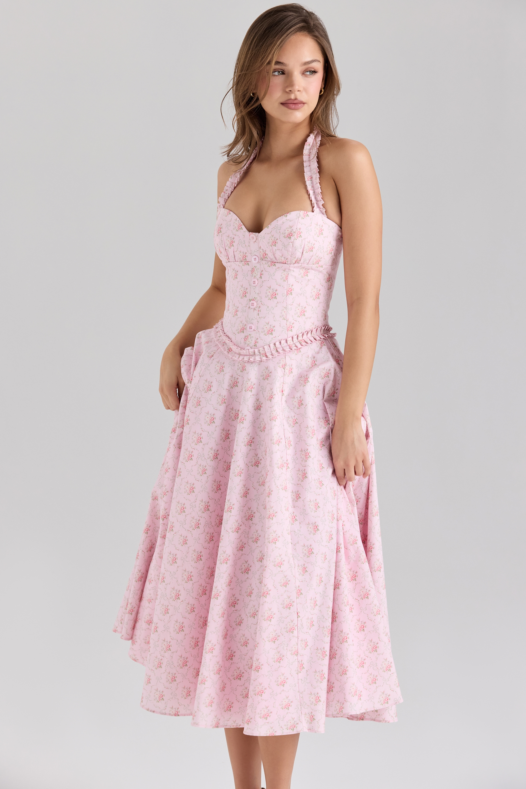 Georgie-Pink Rose Print Stretch Cotton Halter Neck Midi Dress