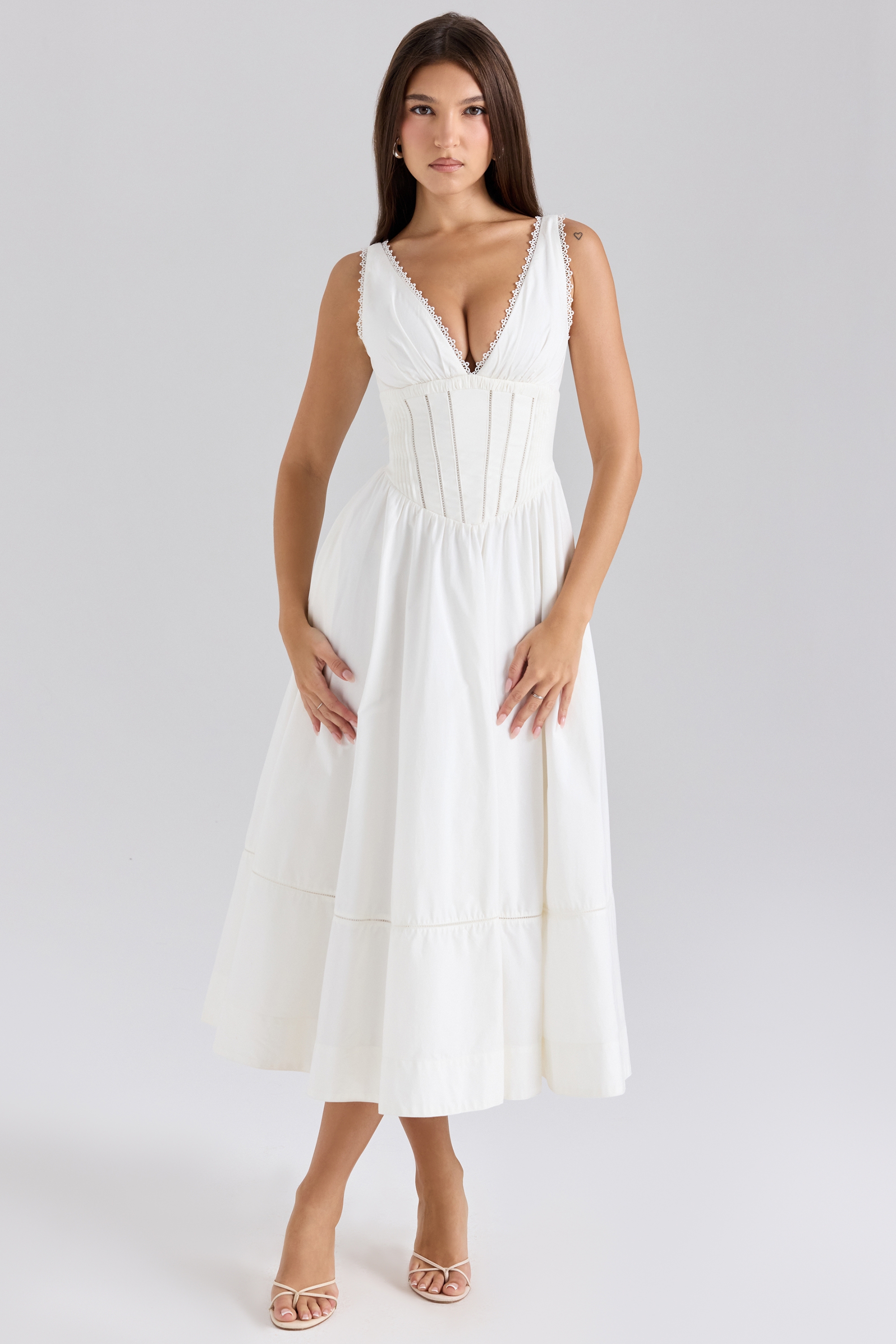 Samia-White Stretch Cotton Midi Sundress
