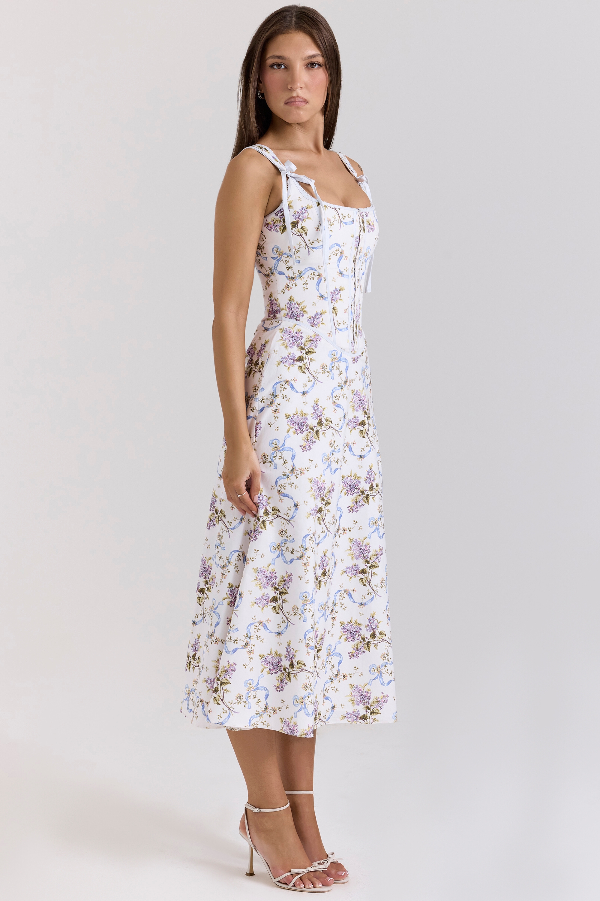 Dionne-Off White Floral Print Cotton Midi Dress