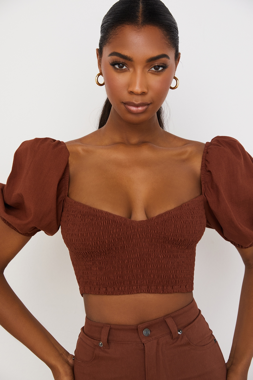 Lavanna-Cocoa Puff Sleeve Cropped Top