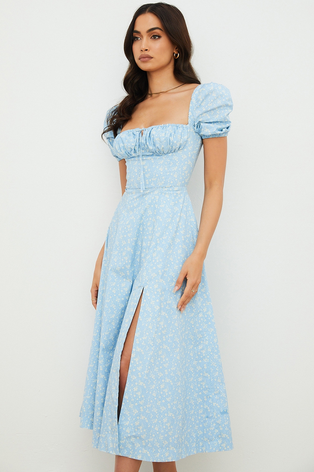 Tallulah-Blue Ivory Floral Puff Sleeve Midi Dress