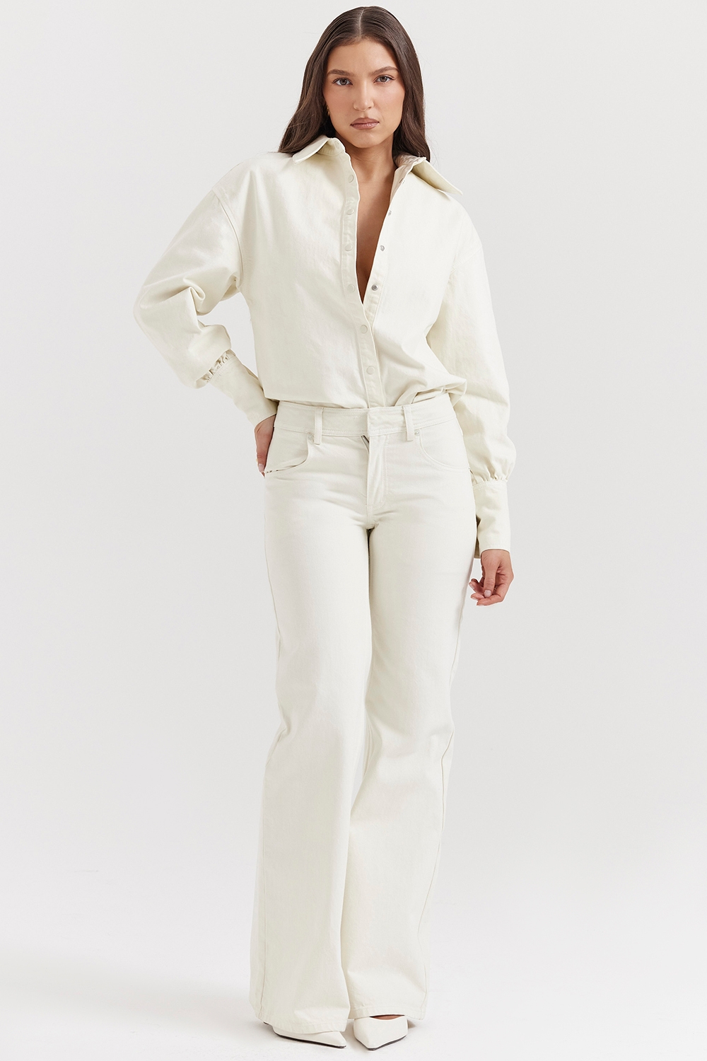 Marli-Ivory Wide Leg Flared Jeans