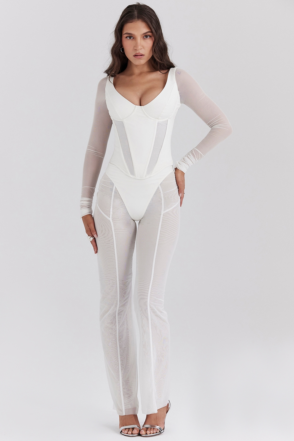 Araminta-White Long Sleeve Mesh Corset