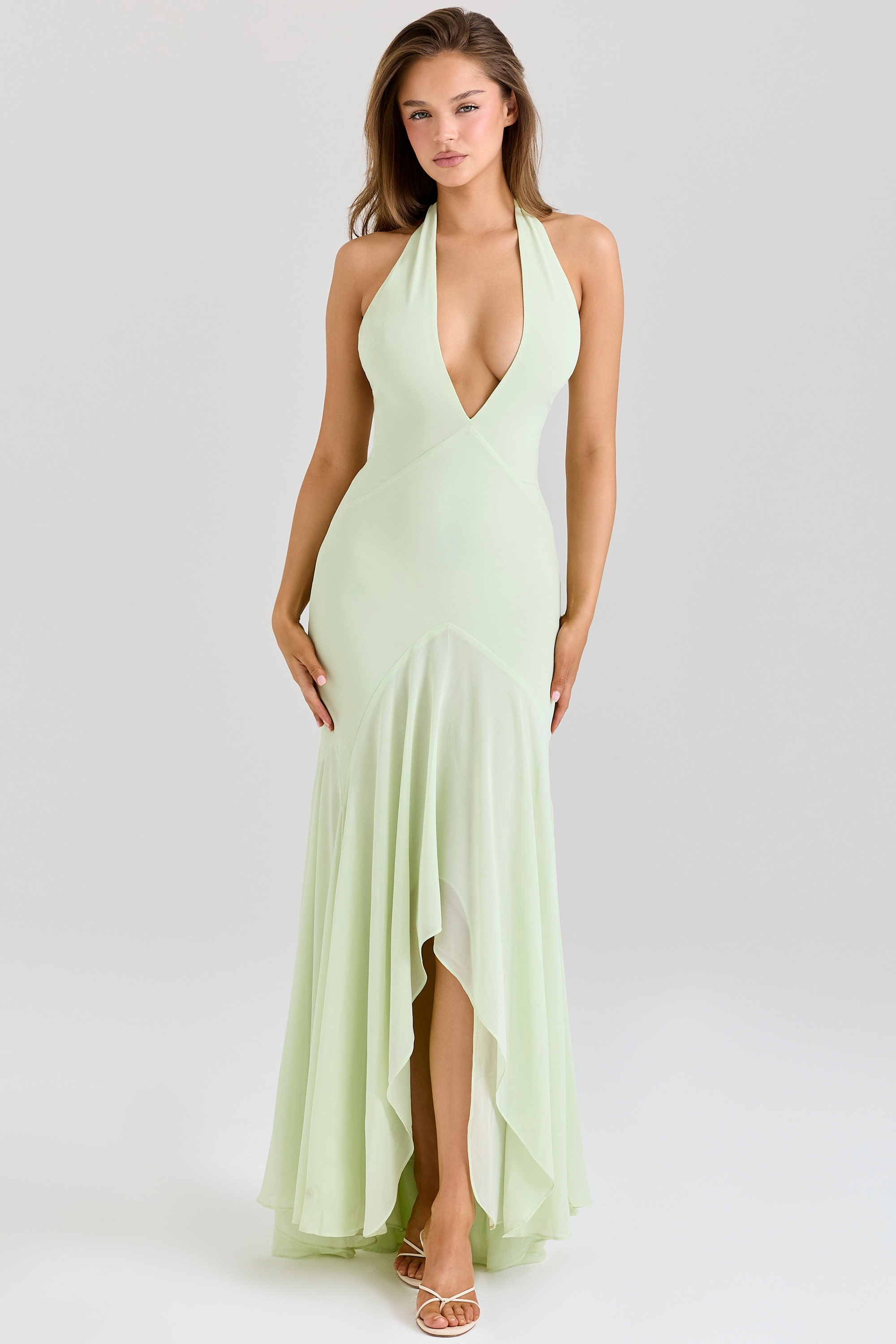 Tamara-Pistachio Georgette Draped Midi Dress