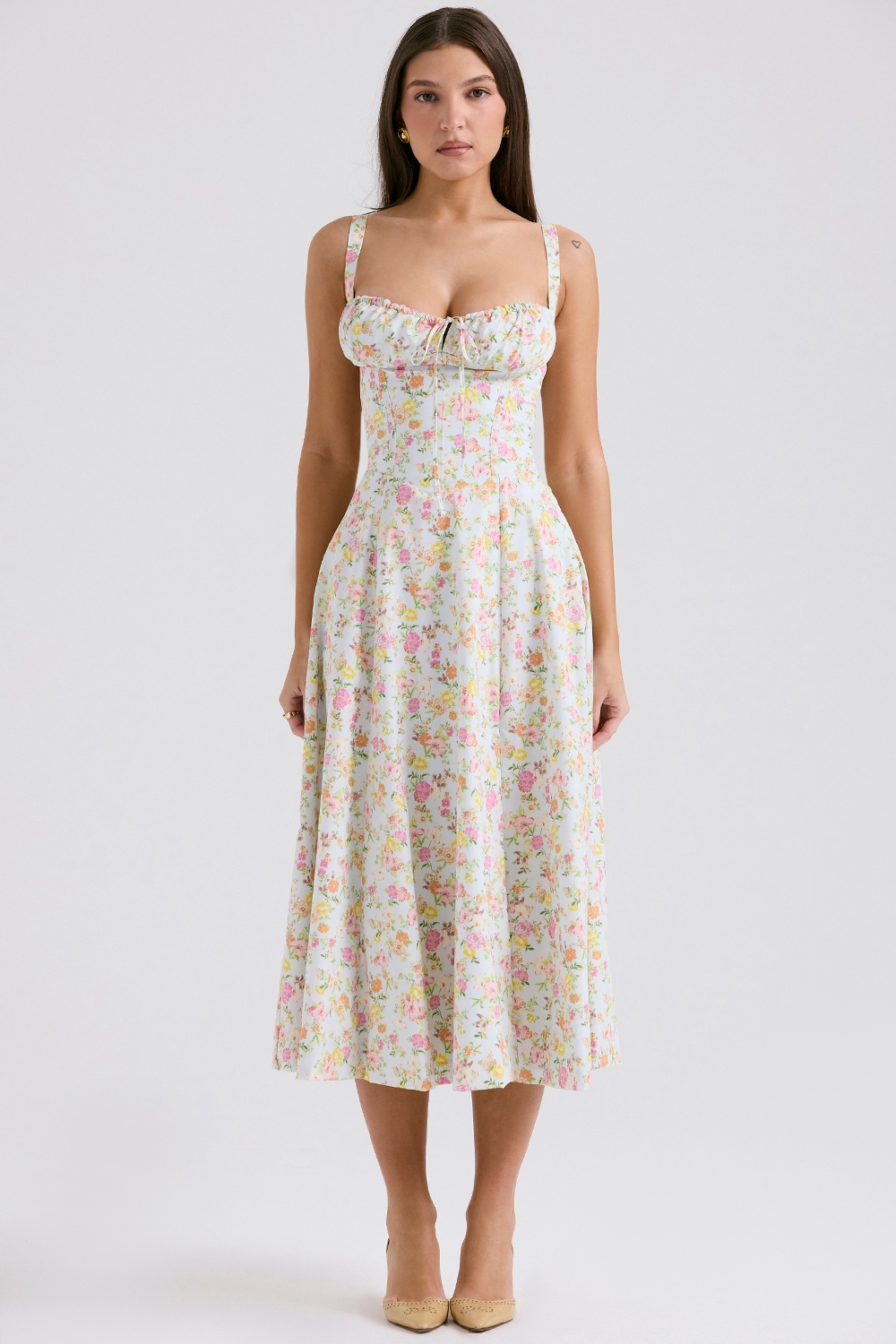 Carmen-Pale Blue Meadow Print Cotton Bustier Sundress