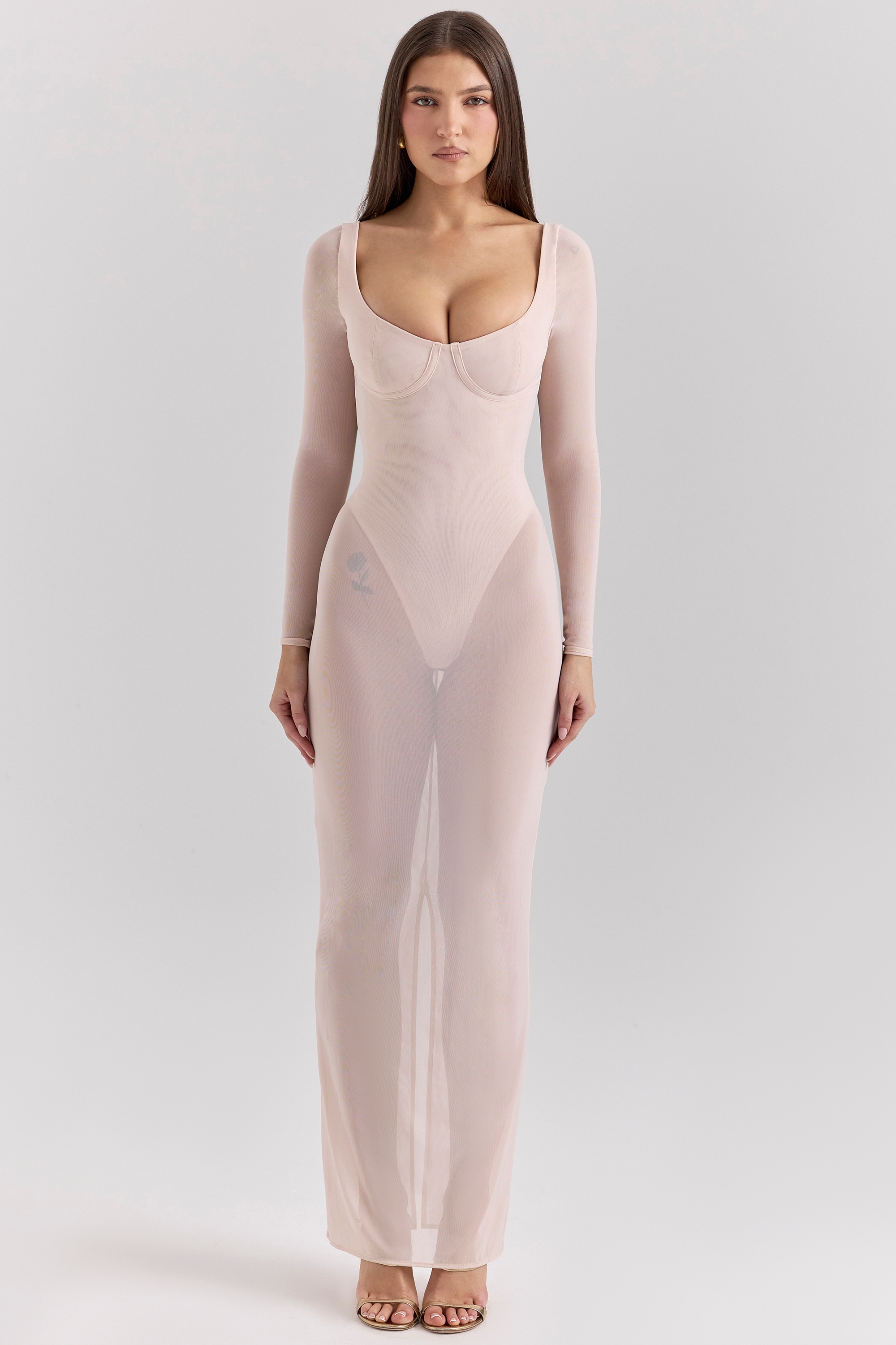 Everly-Blush Mesh Maxi Dress with Bodysuit