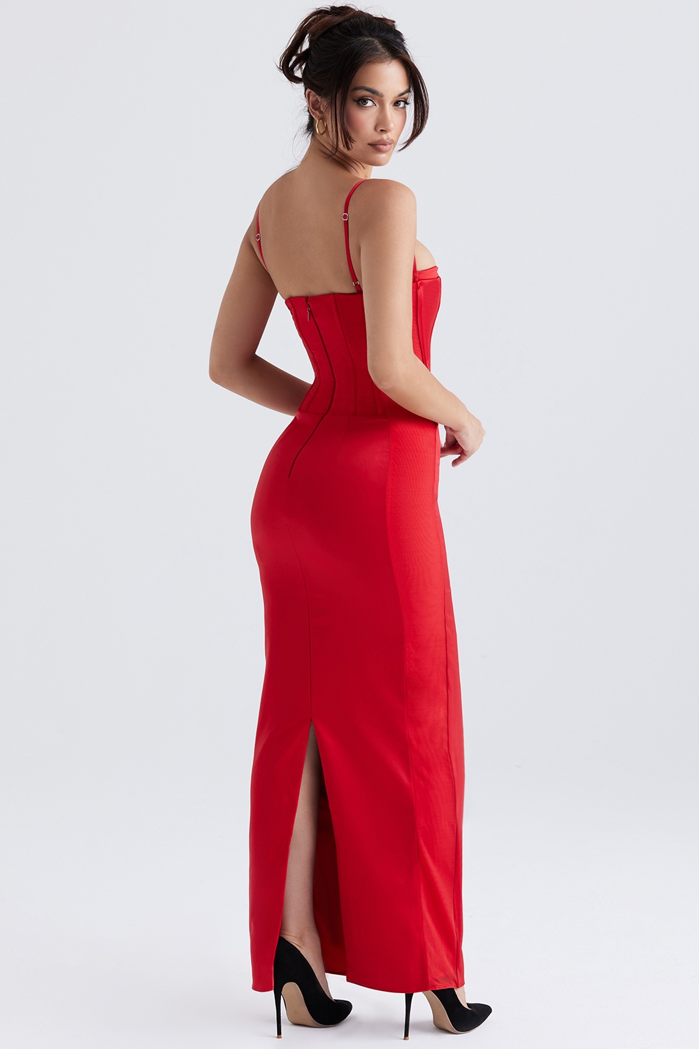 Shani-Red Satin Corset Maxi Dress
