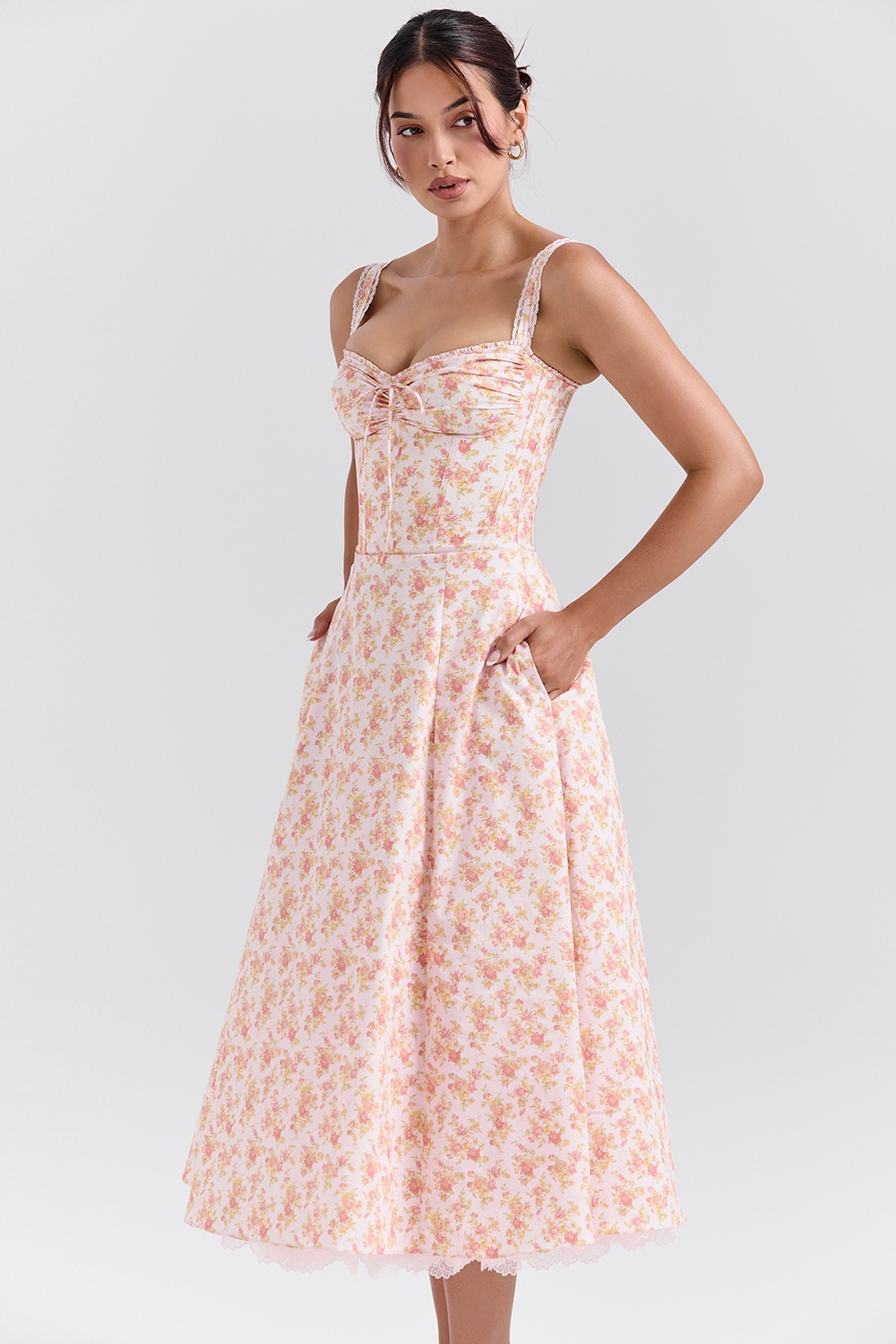 Rosalee-Peach Poppy Print Cotton Bustier Sundress