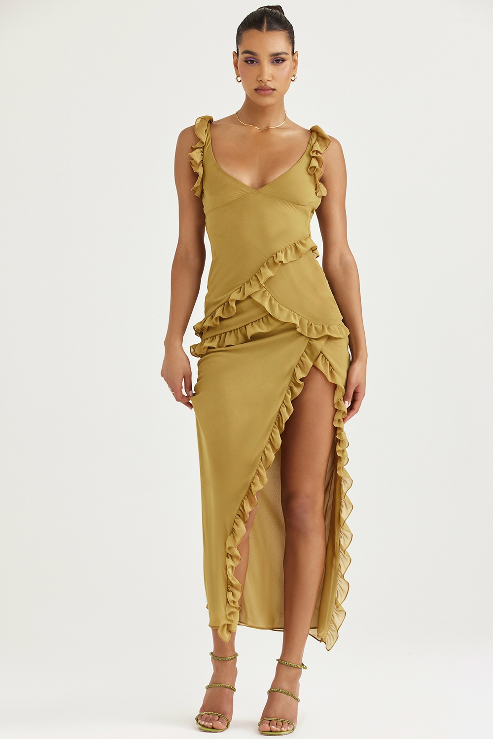 Pixie-Olive Ruffle Maxi Dress