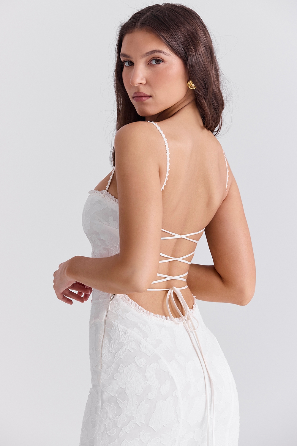 Joan-Ivory Lace Up Back Maxi Dress