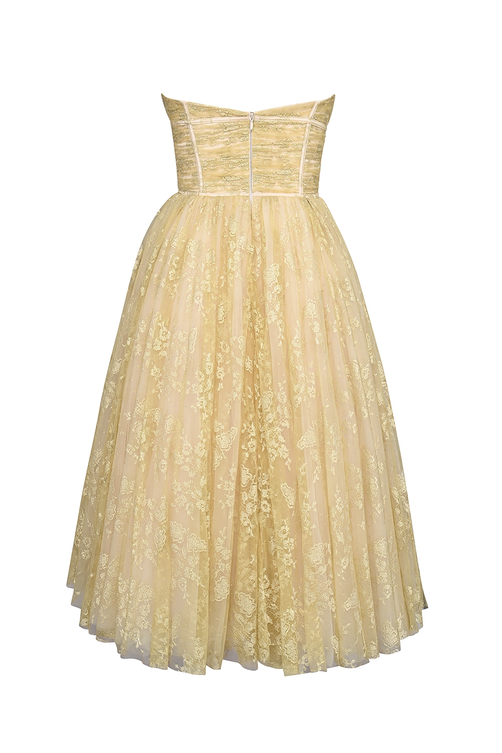 Madame-Gold Metallic Lace Tulle Midi Gown