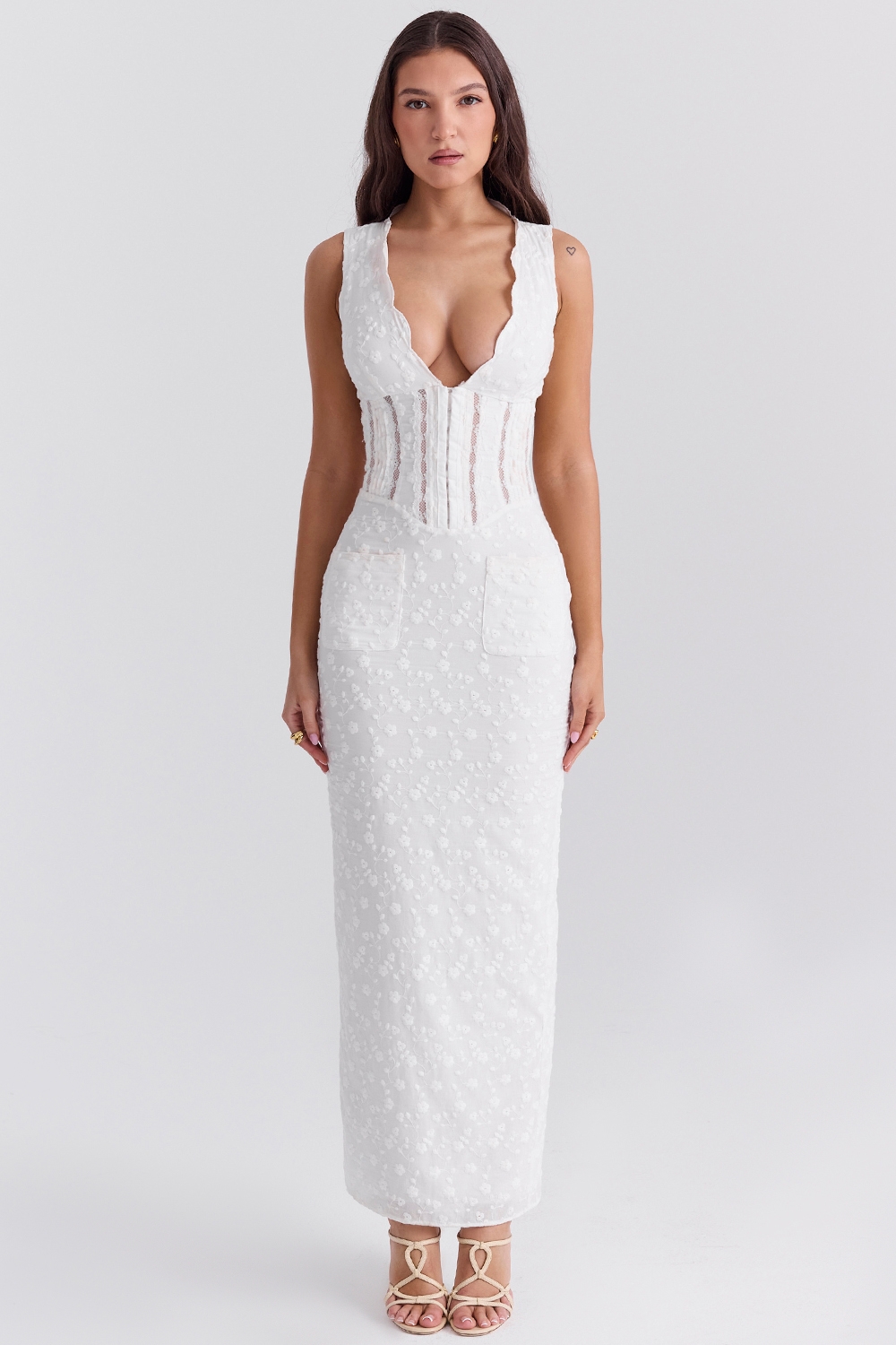 Sophina-White Cotton Broderie Anglais Plunge Maxi Dress