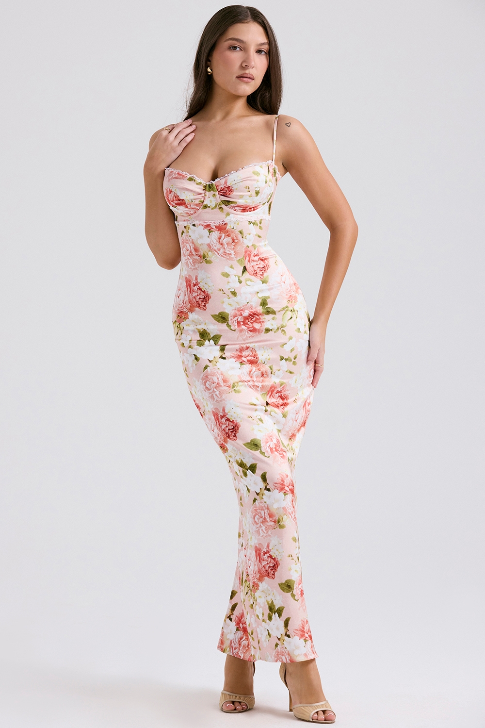 Josefina-Pink Peony Print Satin Maxi Dress