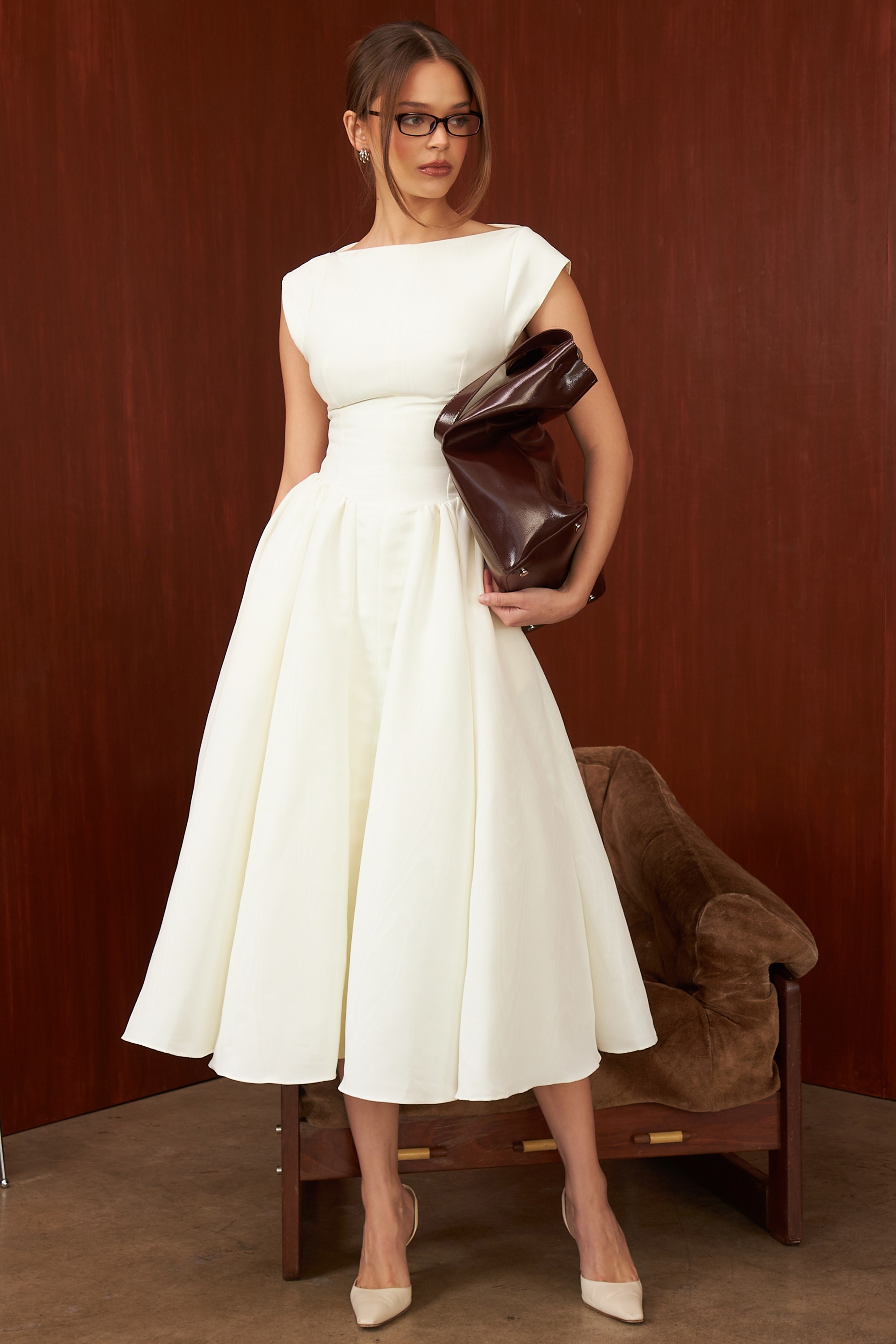 Debutante-Ivory Moire Satin Midi Dress