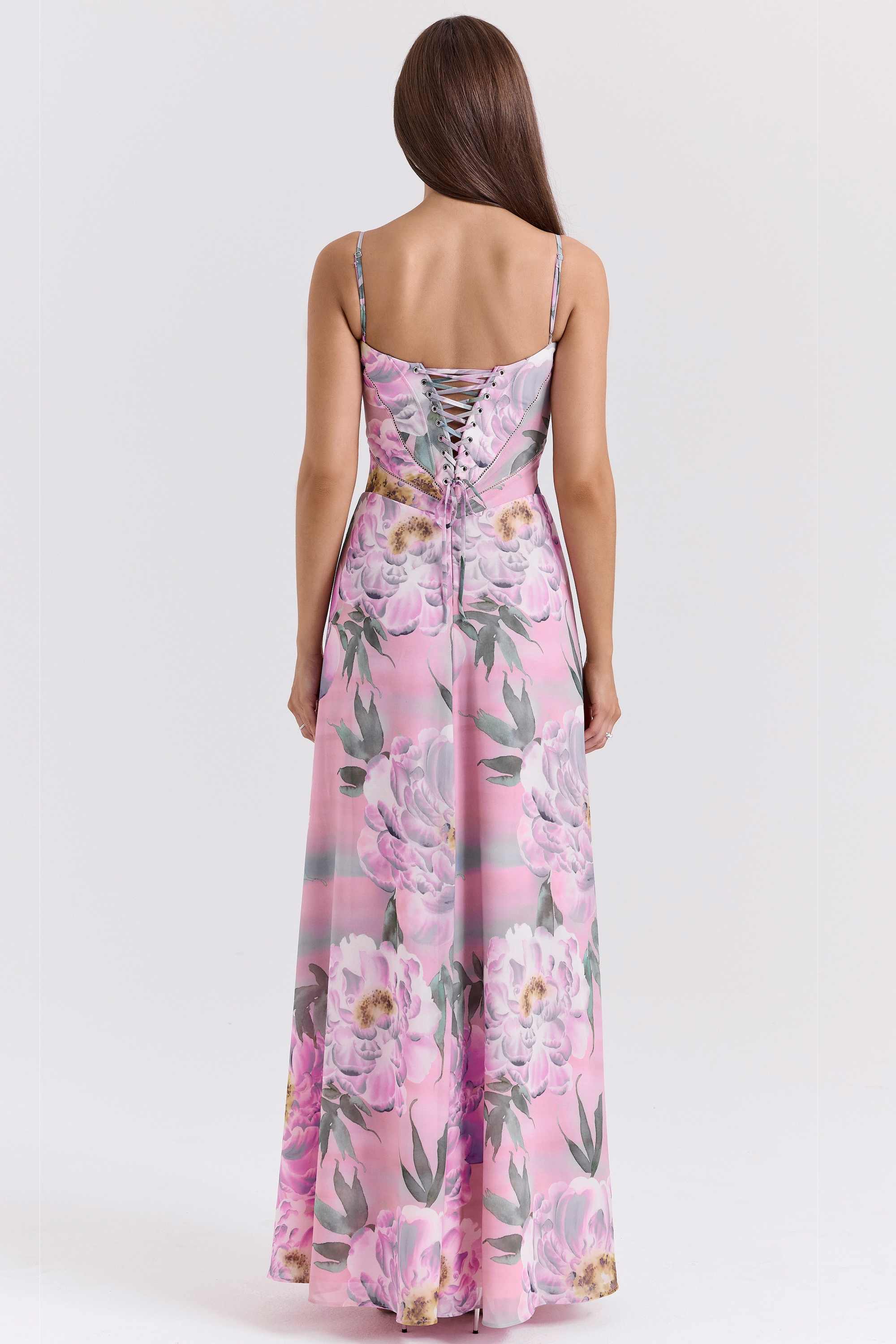 Seren-Pink Floral Print Lace Back Maxi Dress