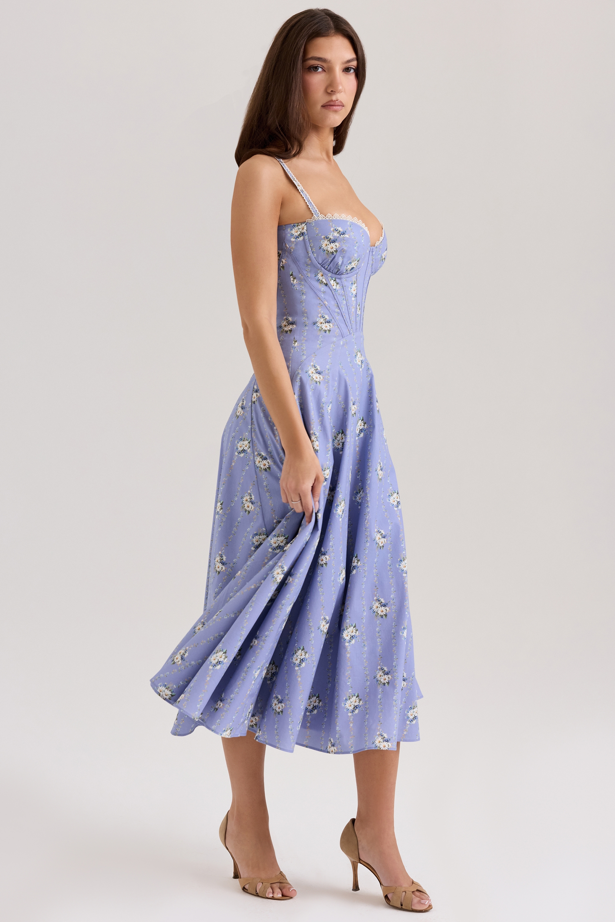 Steffani-Blue Daisy Print Stretch Cotton Midi Sundress